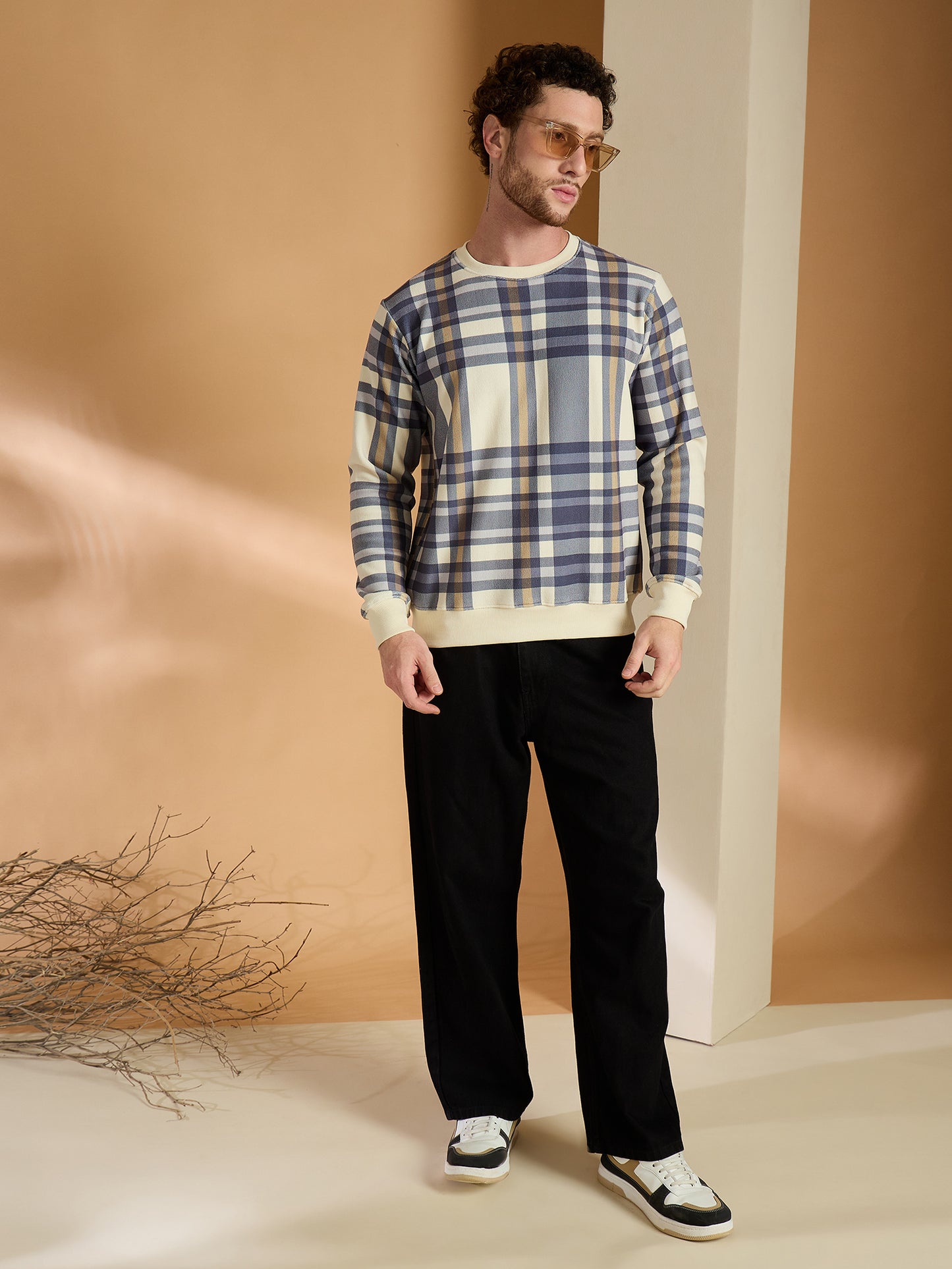 Blue Checked Round Neck Sweatshirts