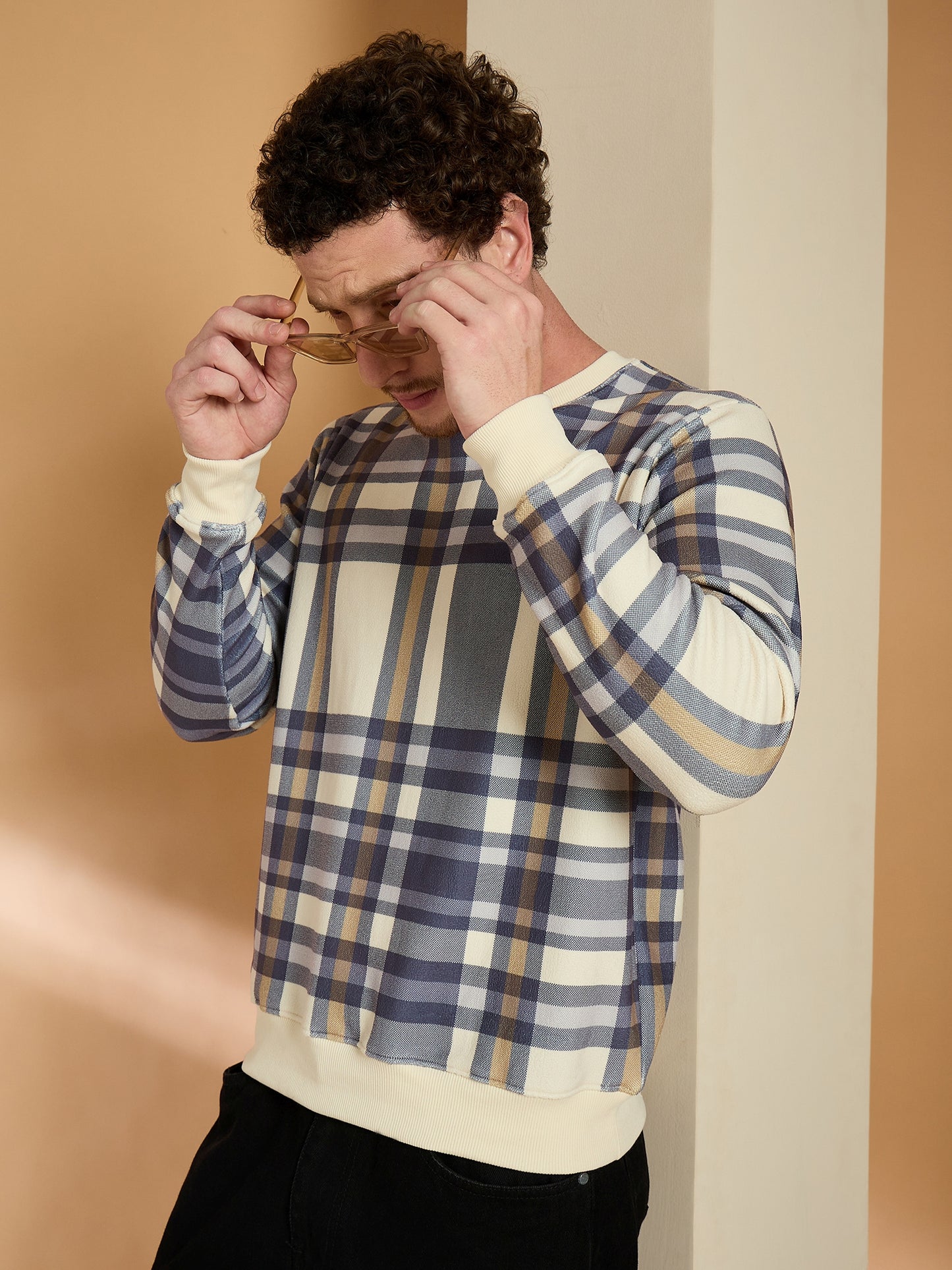 Blue Checked Round Neck Sweatshirts