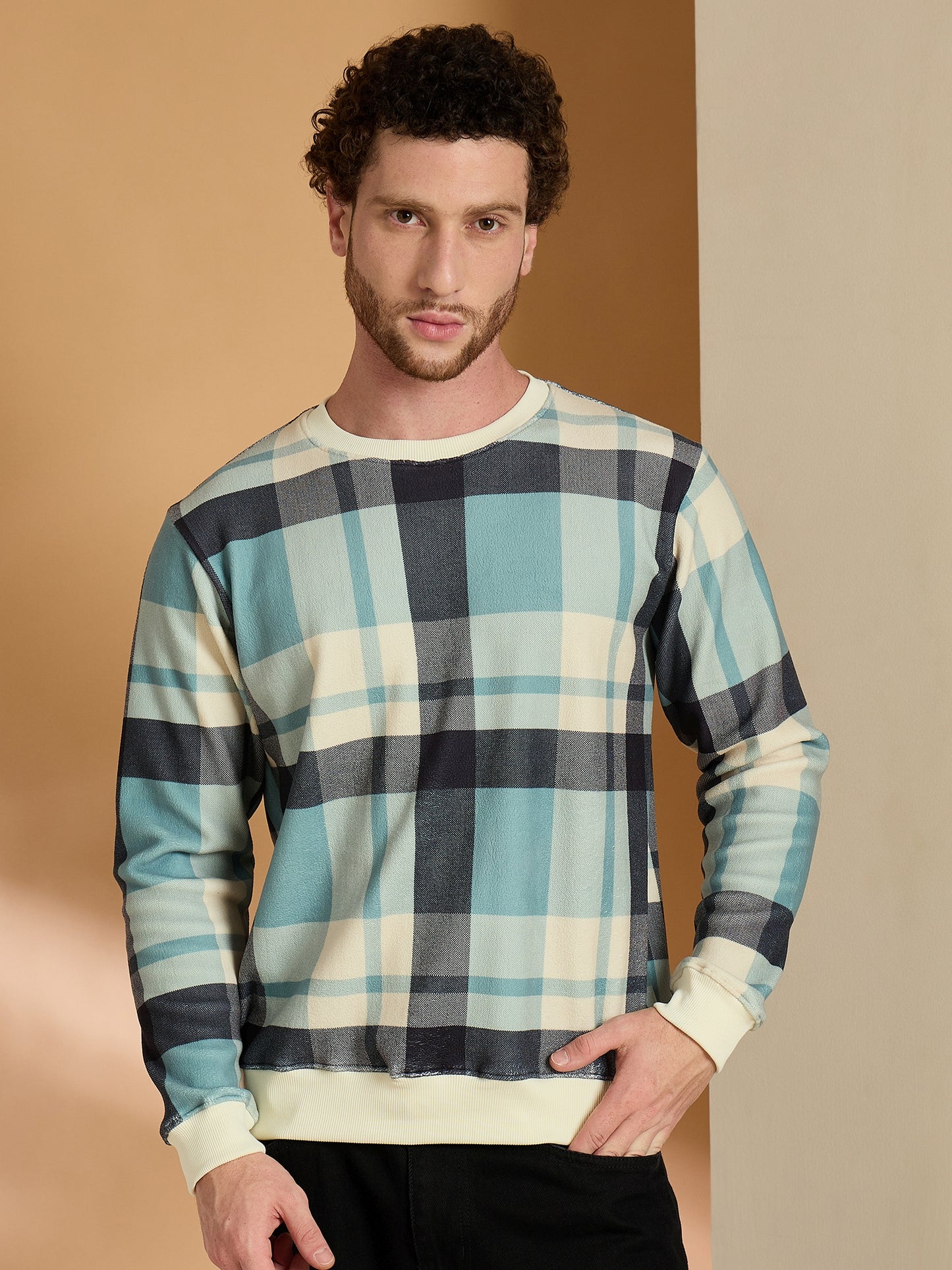 Blue & Green Checked Round Neck Sweatshirts