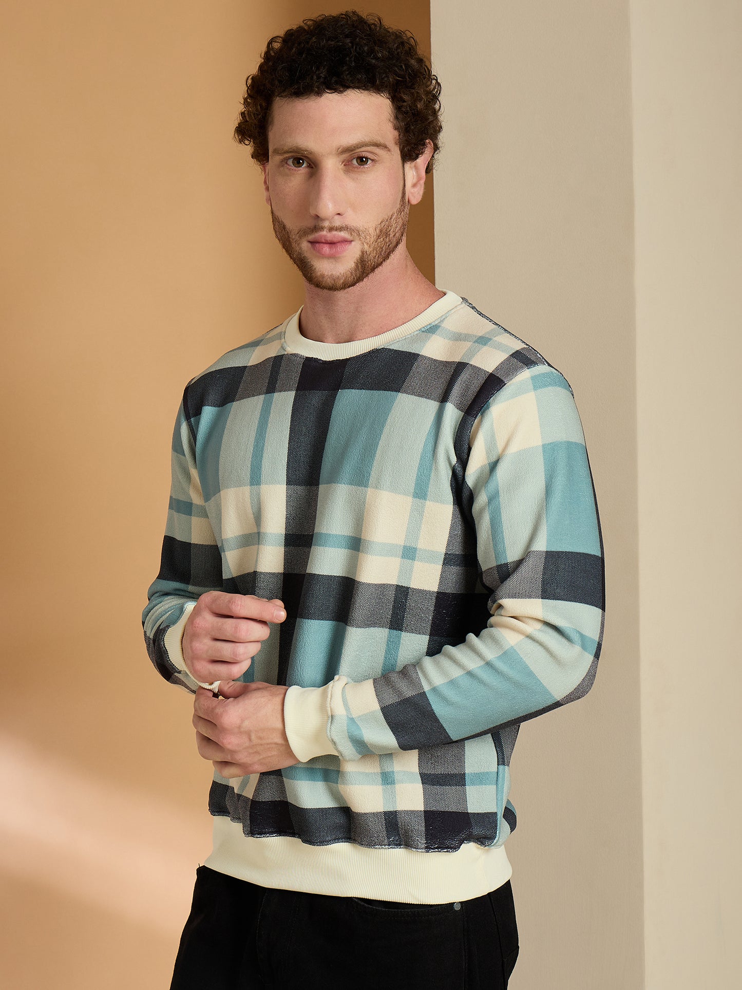 Blue & Green Checked Round Neck Sweatshirts