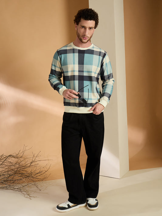 Blue & Green Checked Round Neck Sweatshirts