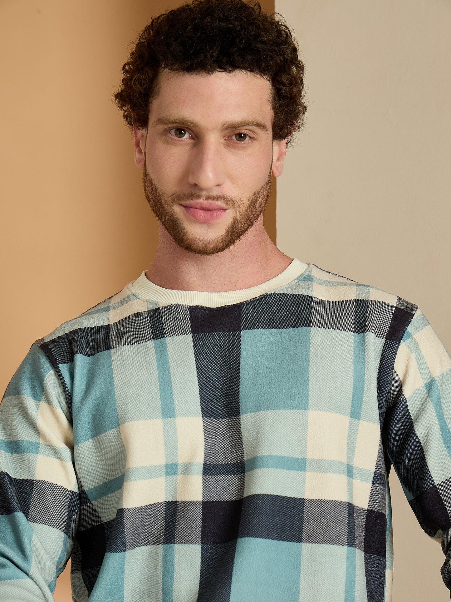 Blue & Green Checked Round Neck Sweatshirts