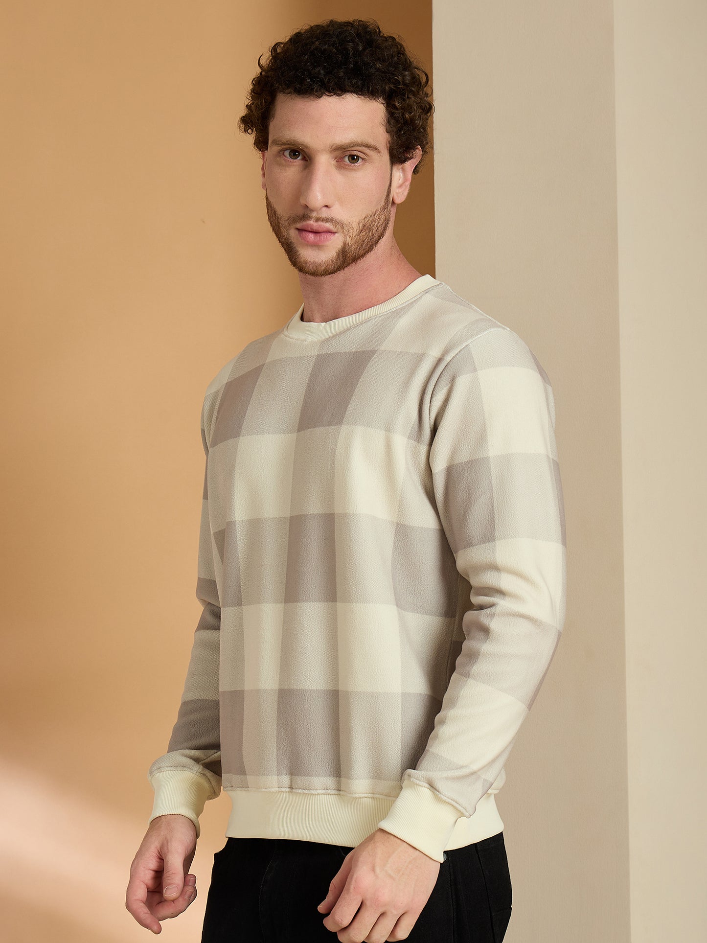 Beige Checked Full Sleeves Sweatshirt