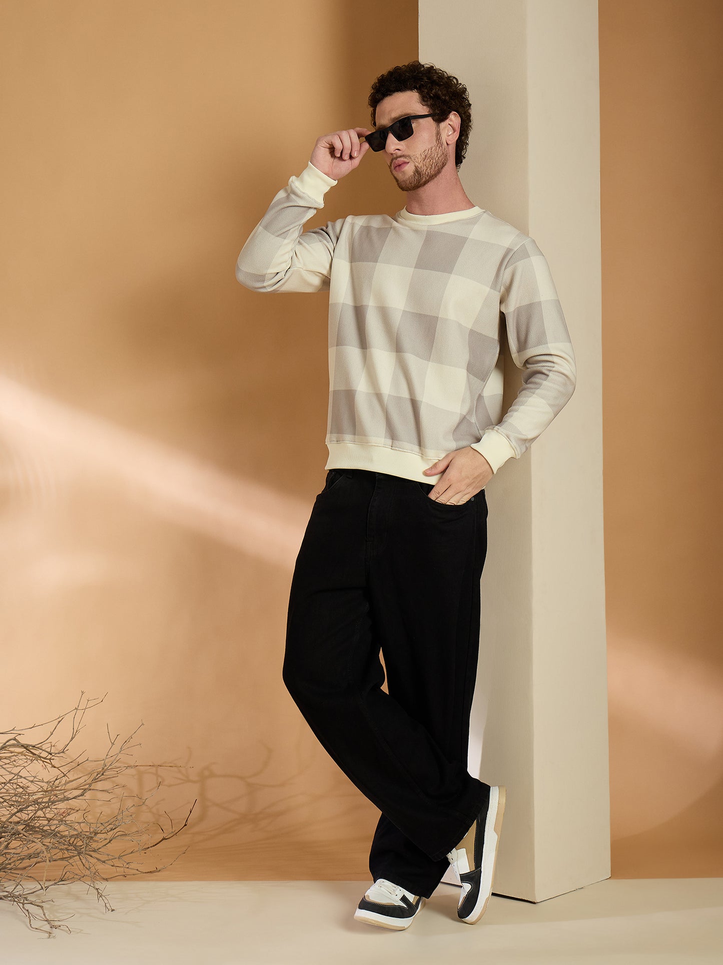 Beige Checked Full Sleeves Sweatshirt