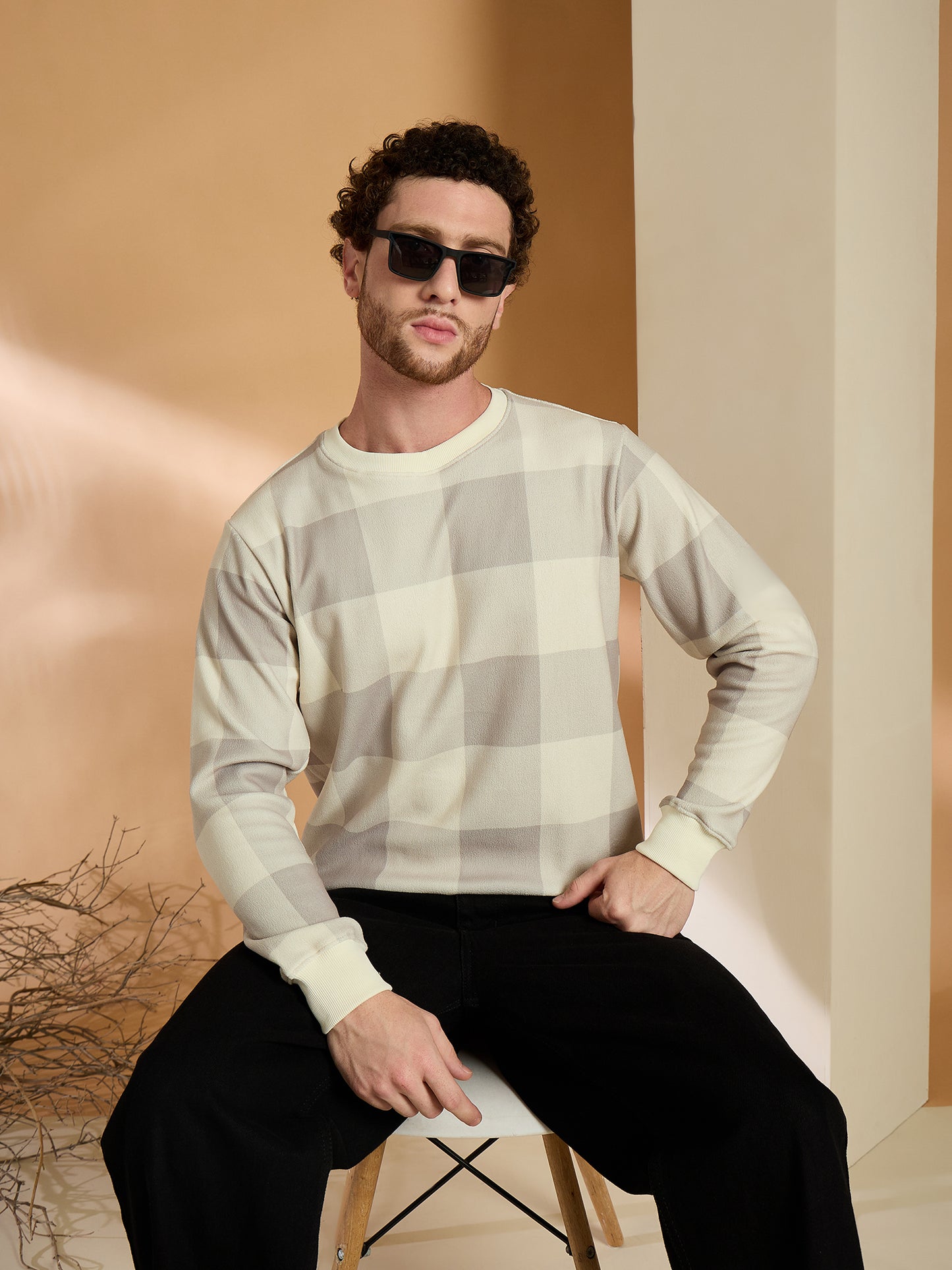 Beige Checked Full Sleeves Sweatshirt