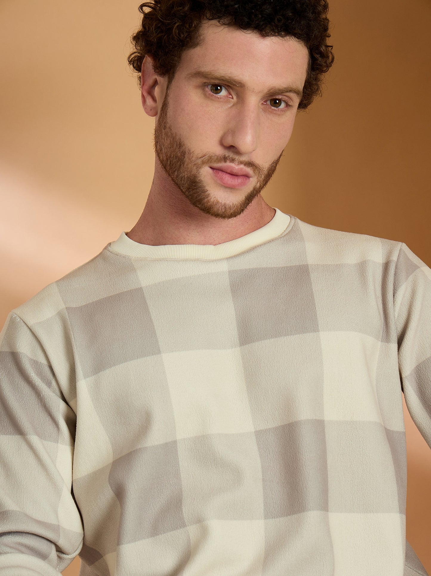 Beige Checked Full Sleeves Sweatshirt