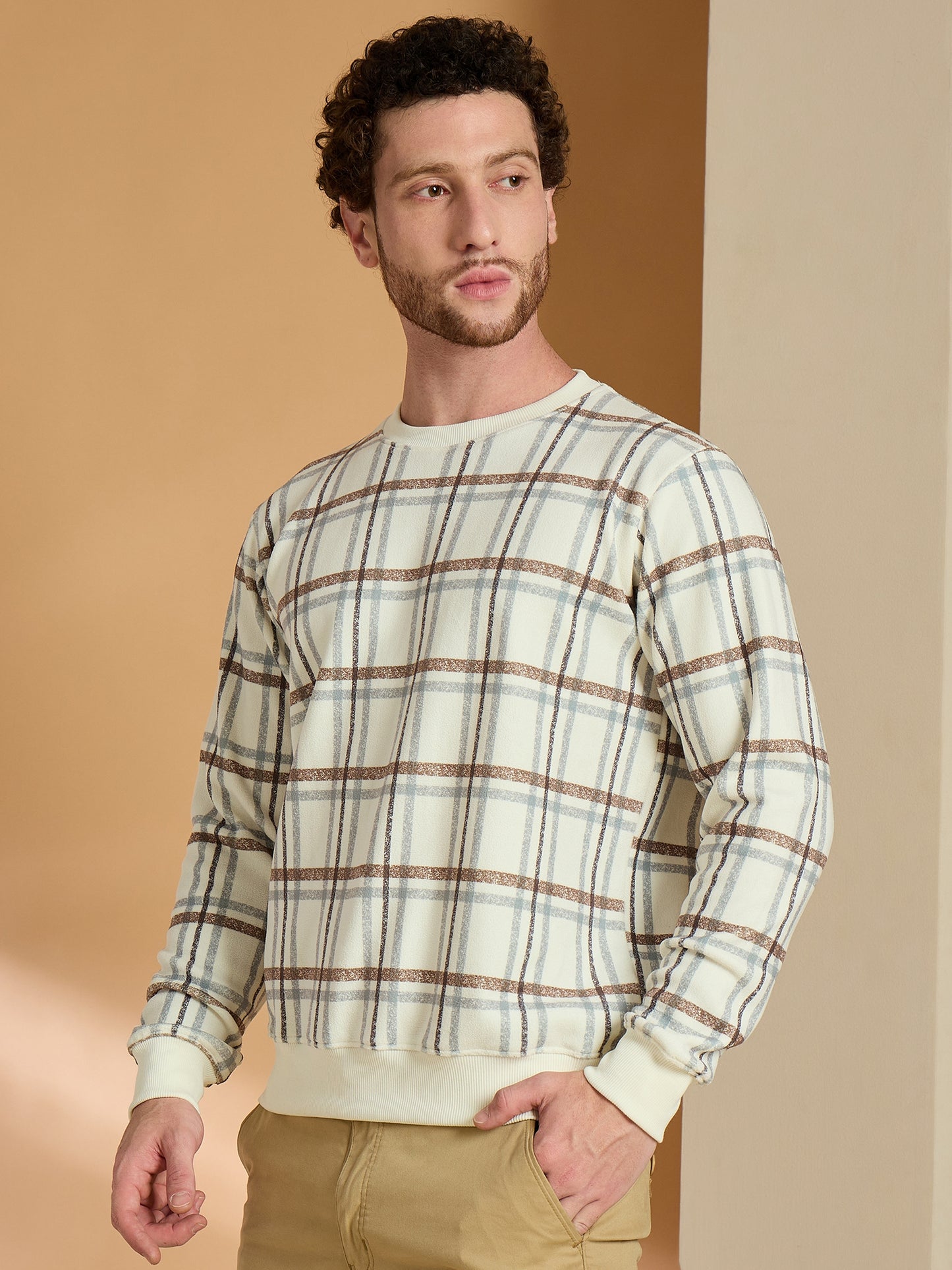 Off White Brown Checked Full Sleeves Round Neck Sweatshirt