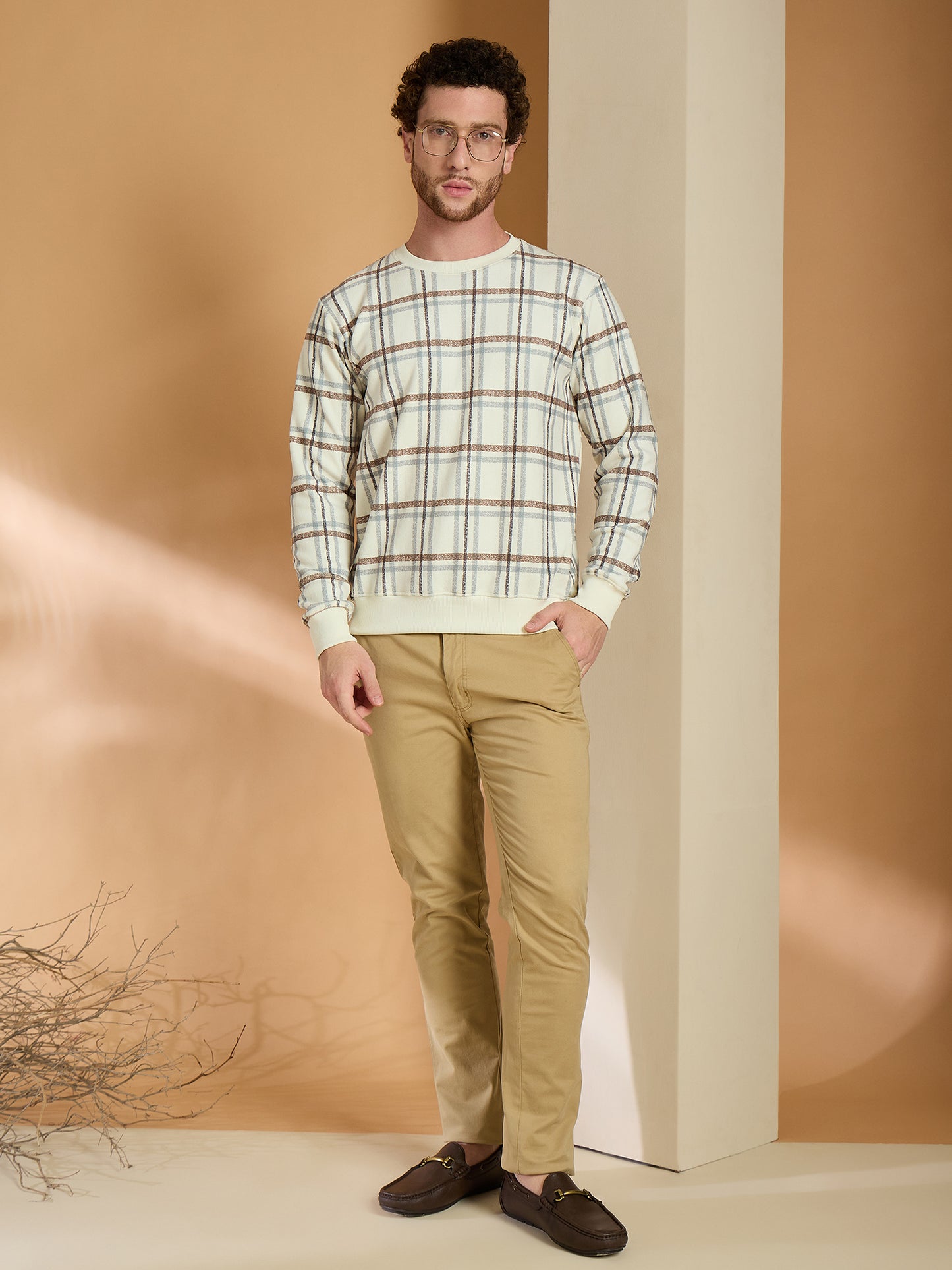 Off White Brown Checked Full Sleeves Round Neck Sweatshirt