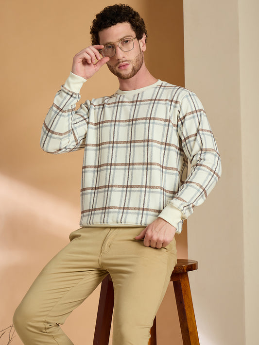 Off White Brown Checked Full Sleeves Round Neck Sweatshirt