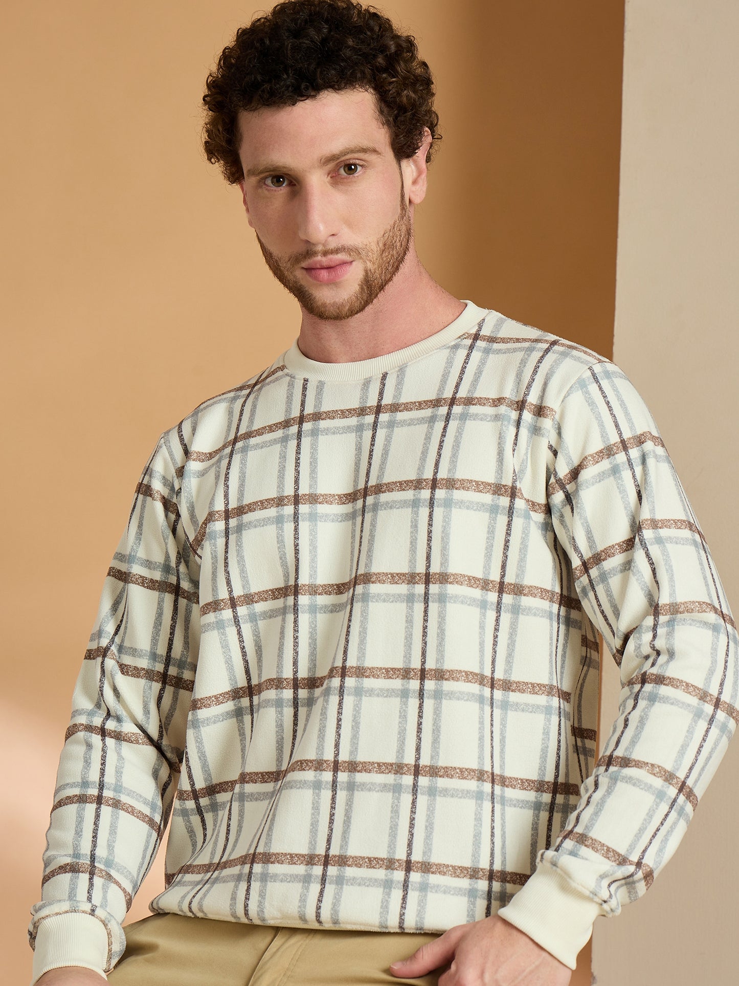 Off White Brown Checked Full Sleeves Round Neck Sweatshirt