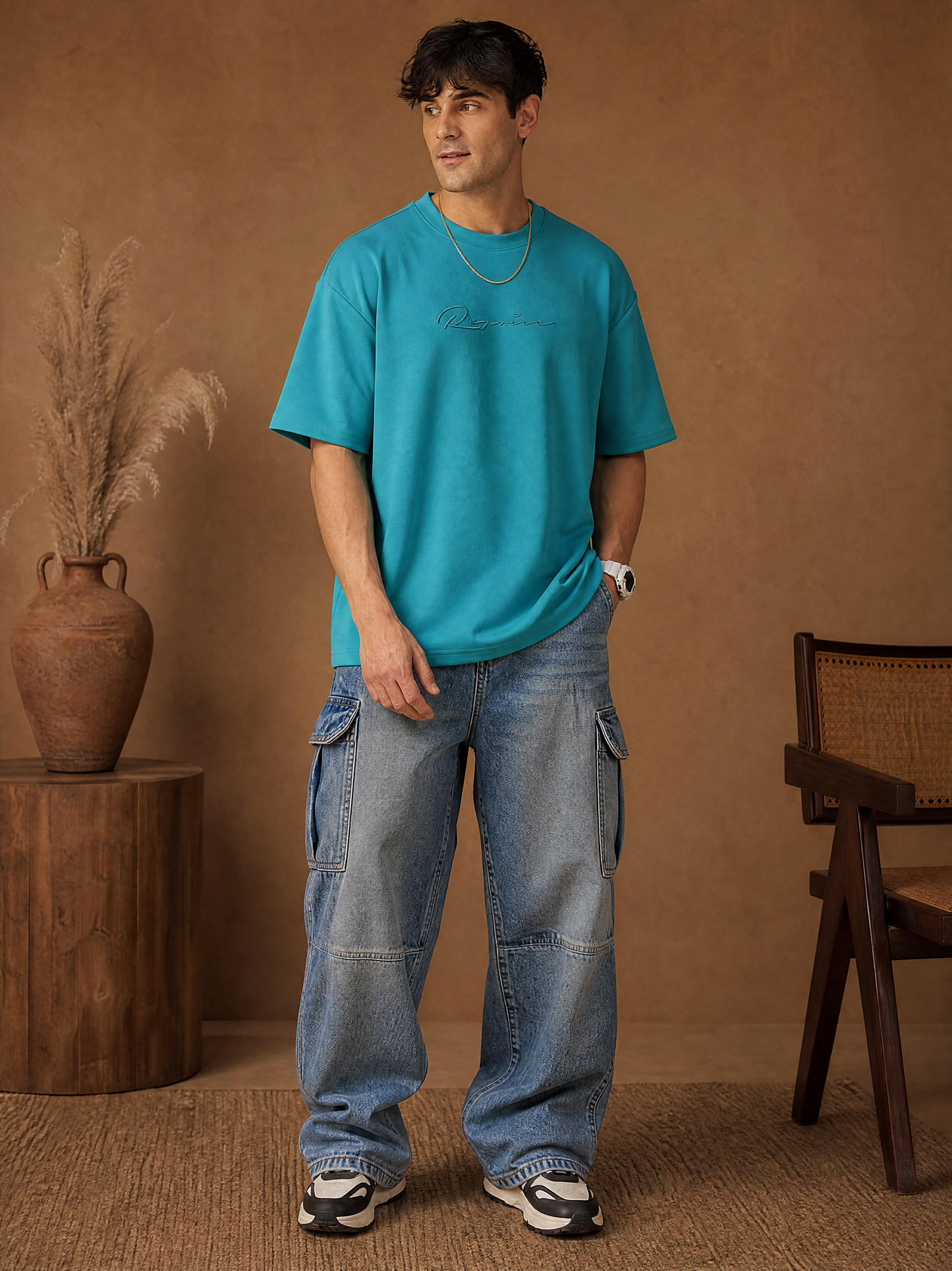 Men Oversize Printed Round Neck T-shirt Teal