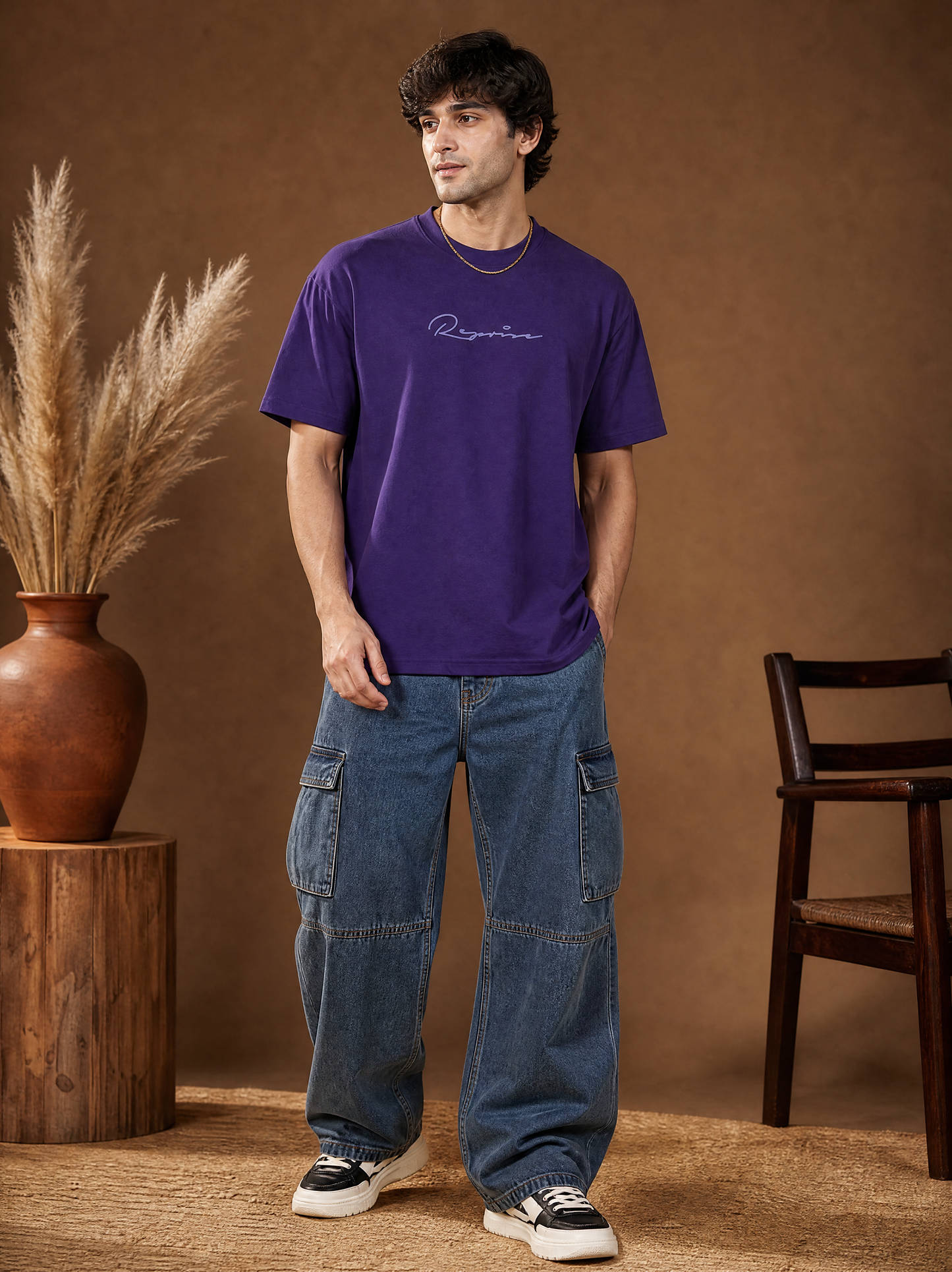 Men Oversize Printed Round Neck T-shirt Purple
