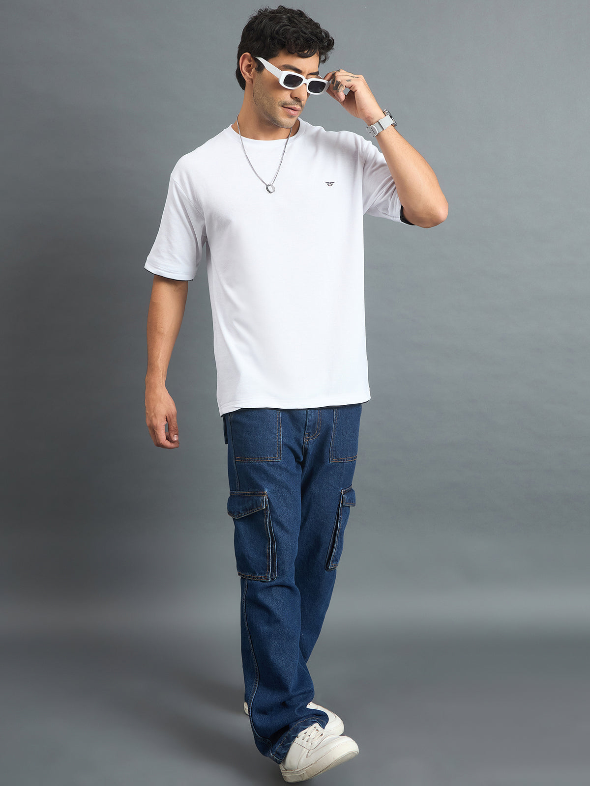 Men Oversized Round Neck Drop shoulder T-shirt White