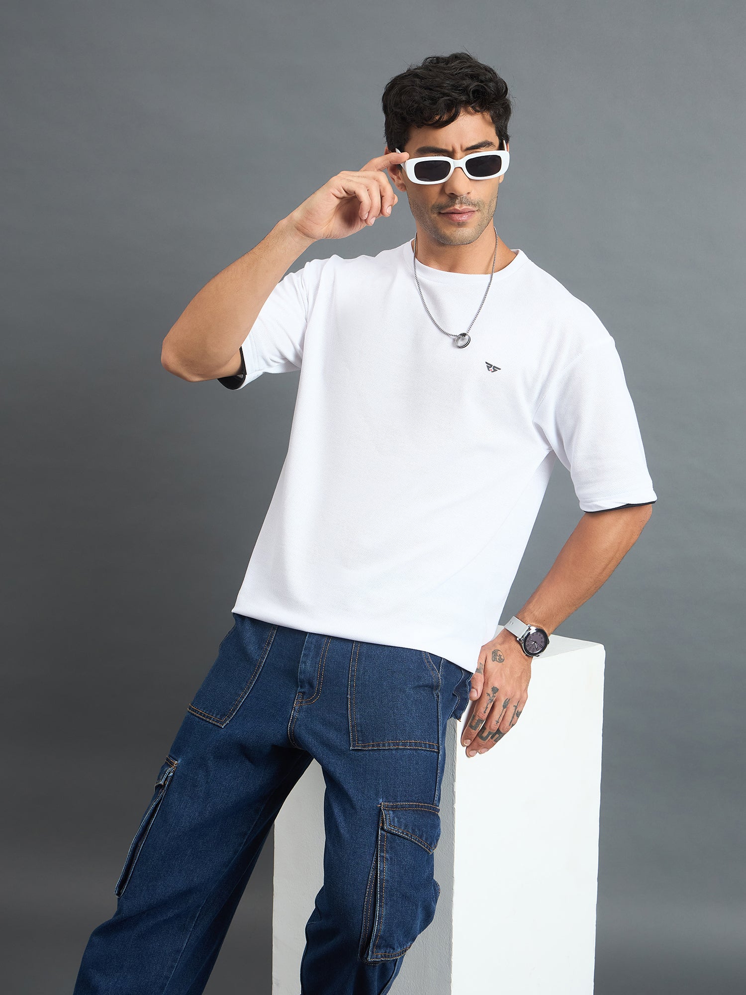 Men Oversized Round Neck Drop shoulder T-shirt White