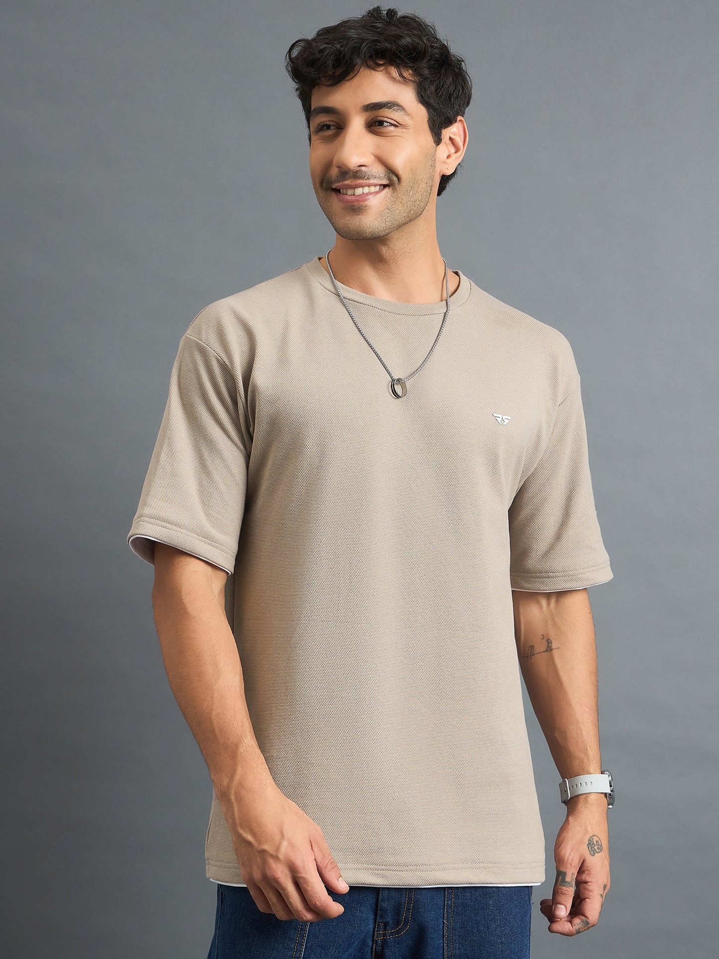 Men Oversized Round Neck Drop shoulder T-shirt Beige