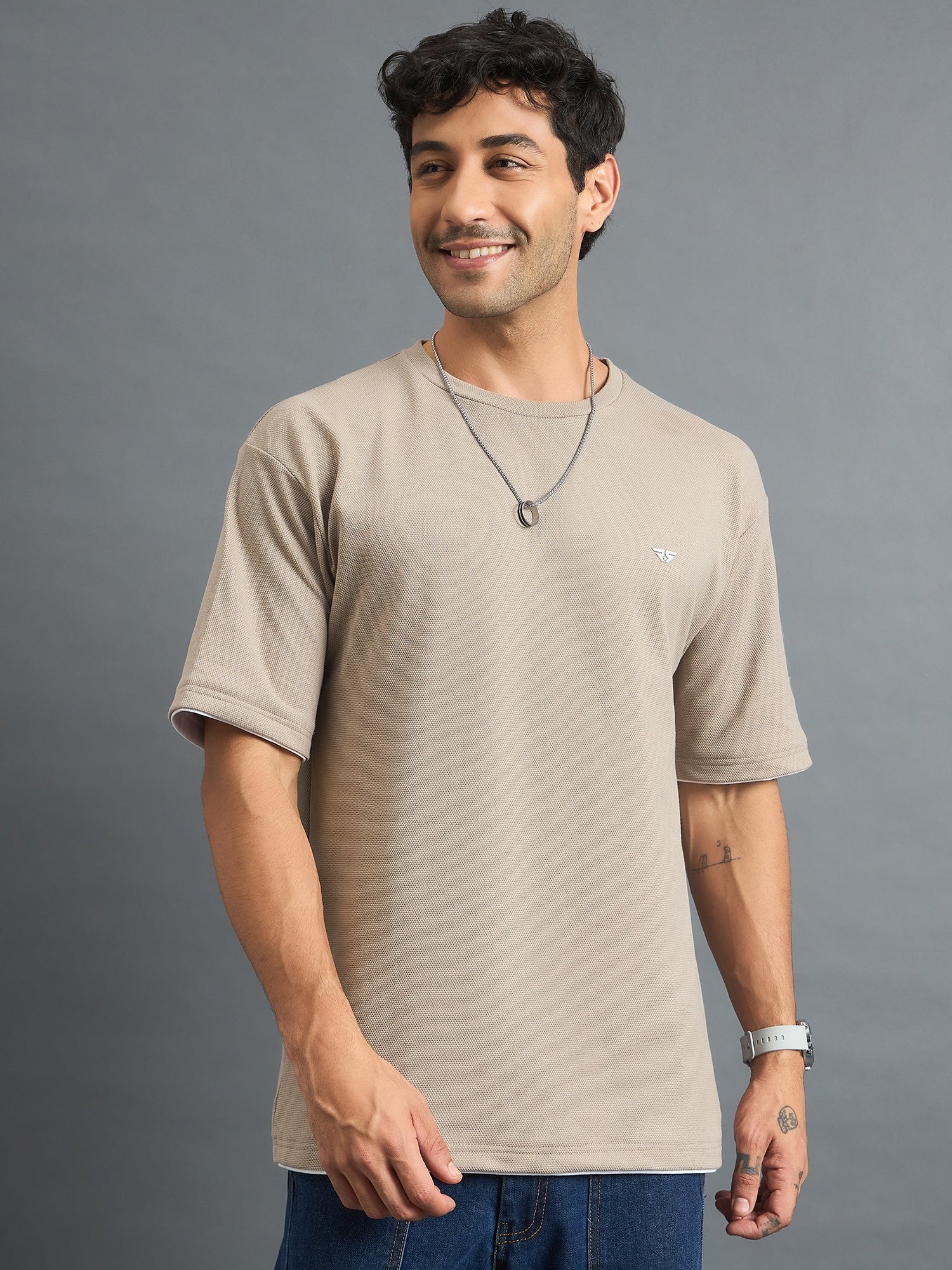 Men Oversized Round Neck Drop shoulder T-shirt Beige