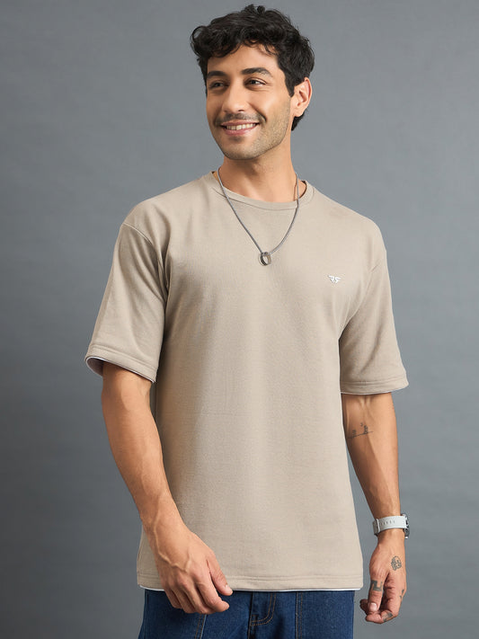 Men Oversized Round Neck Drop shoulder T-shirt Beige