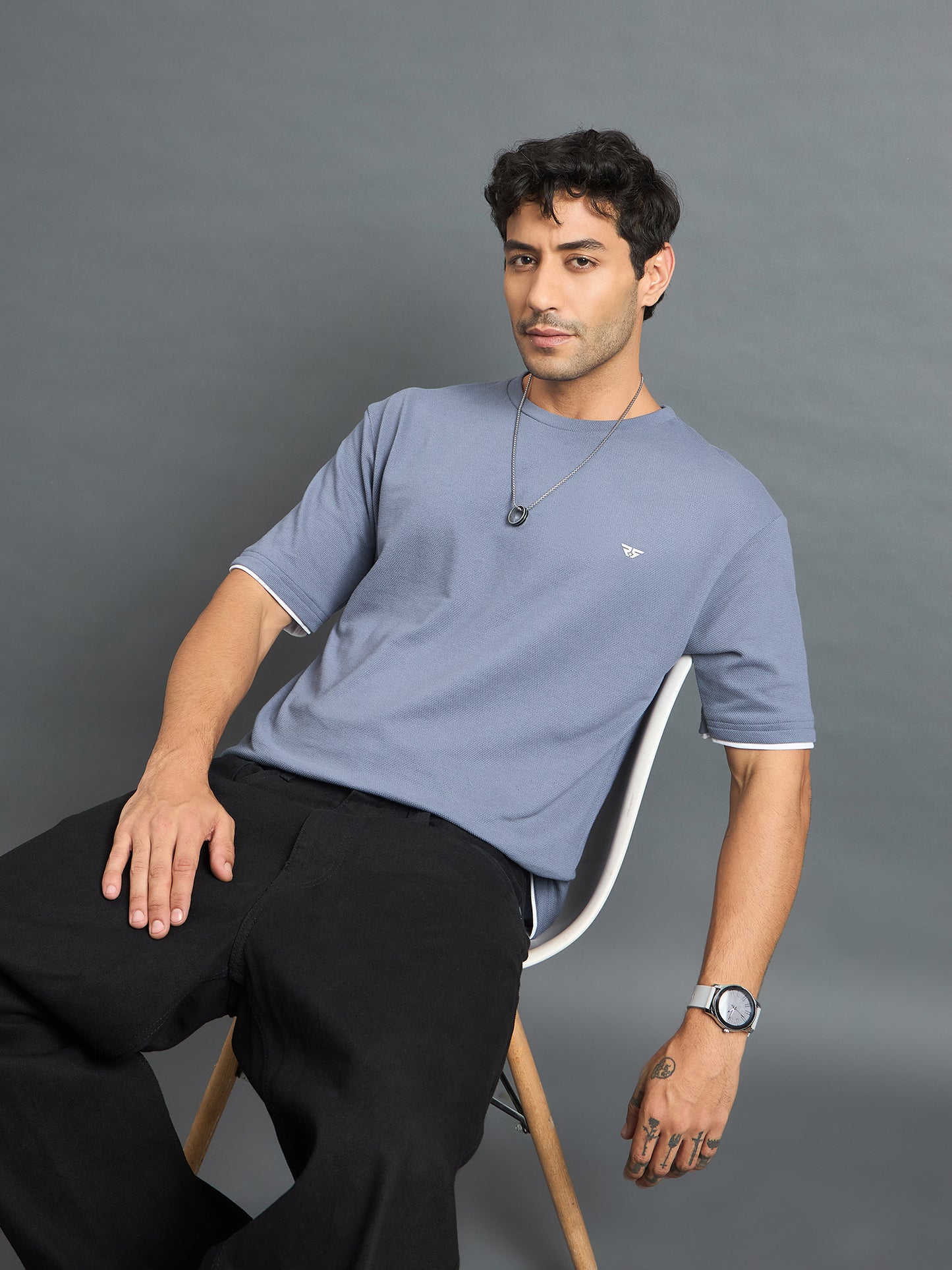Men Oversized Round Neck Drop shoulder T-shirt Blue
