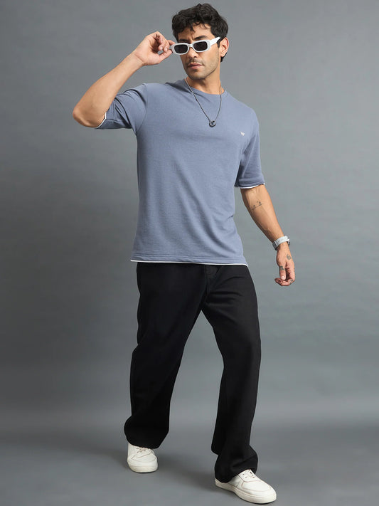 Men Oversized Round Neck Drop shoulder T-shirt Blue