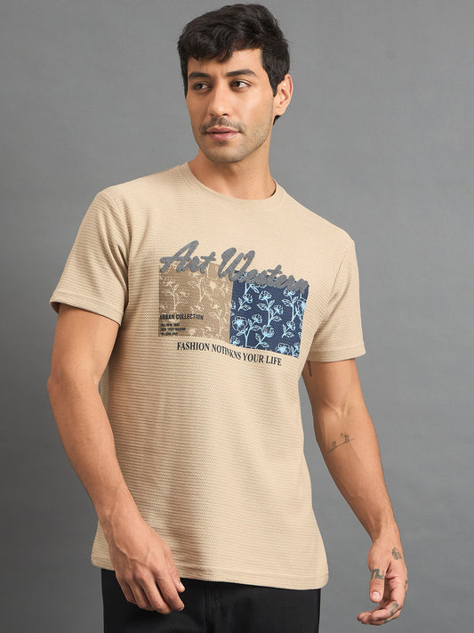 Men Round Neck T-shirt Beige