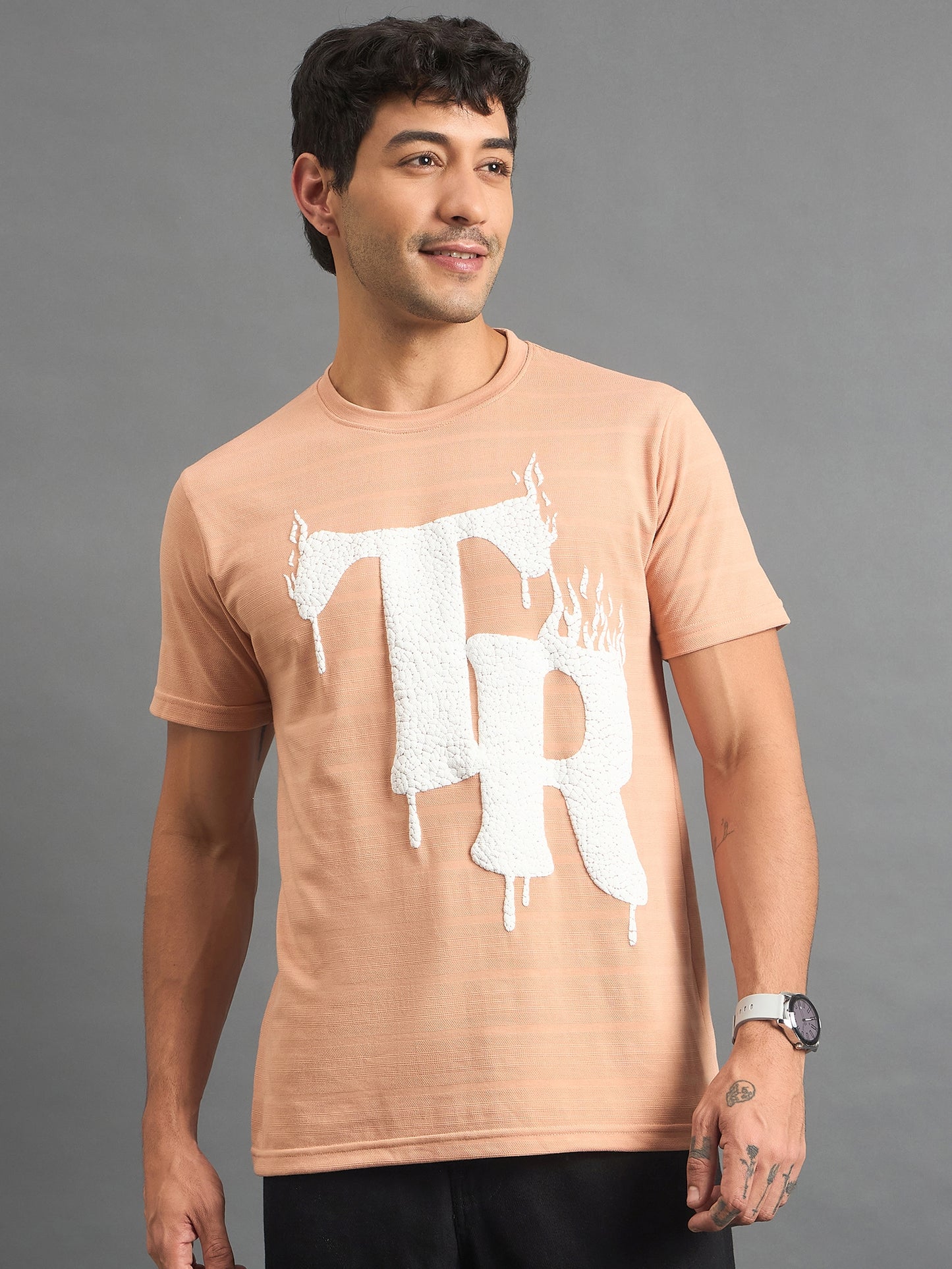 Men Round Neck T-shirt Peach