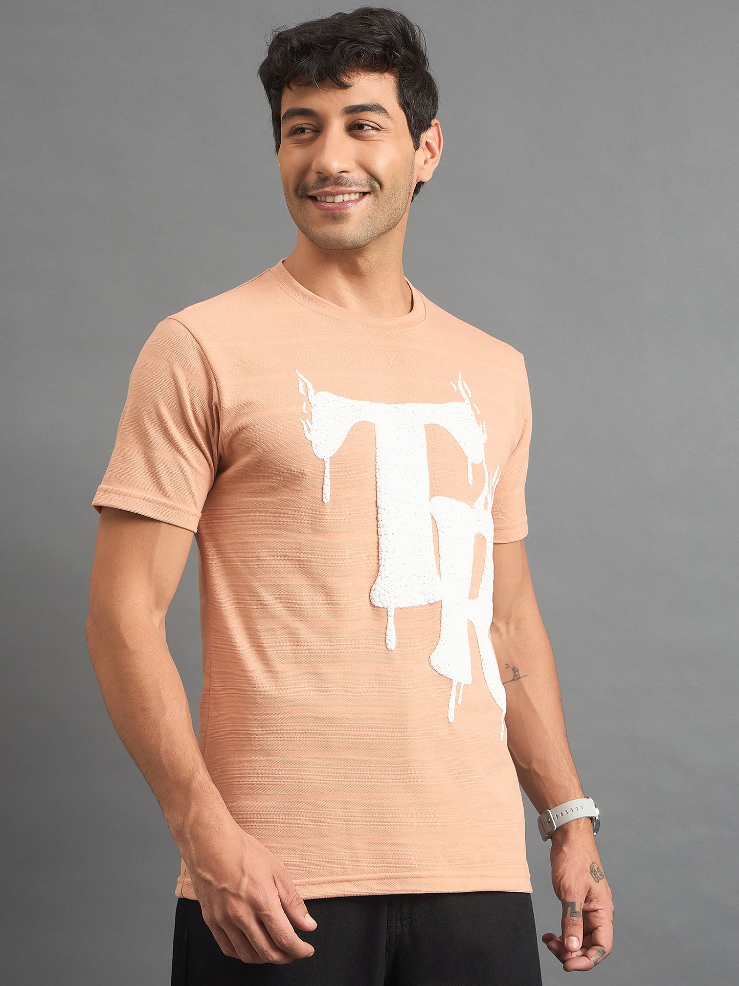 Men Round Neck T-shirt Peach