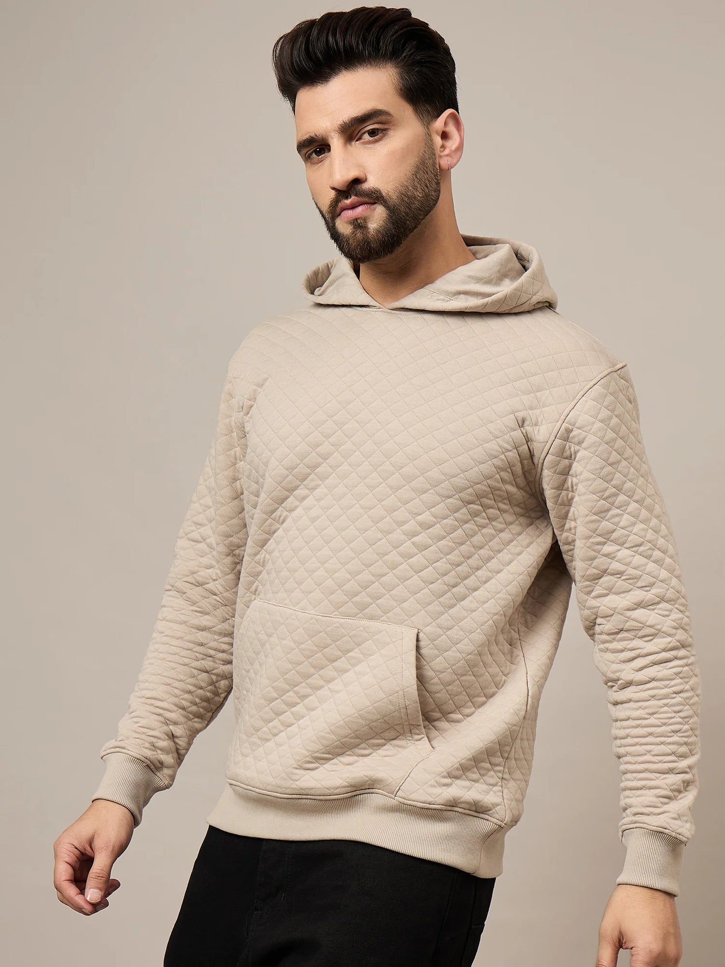 Men Textured Beige Quilted Hoodie