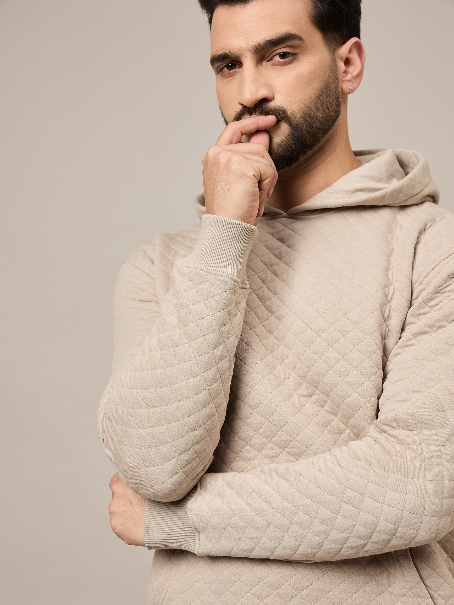 Mens Beige Quilted Hoodie
