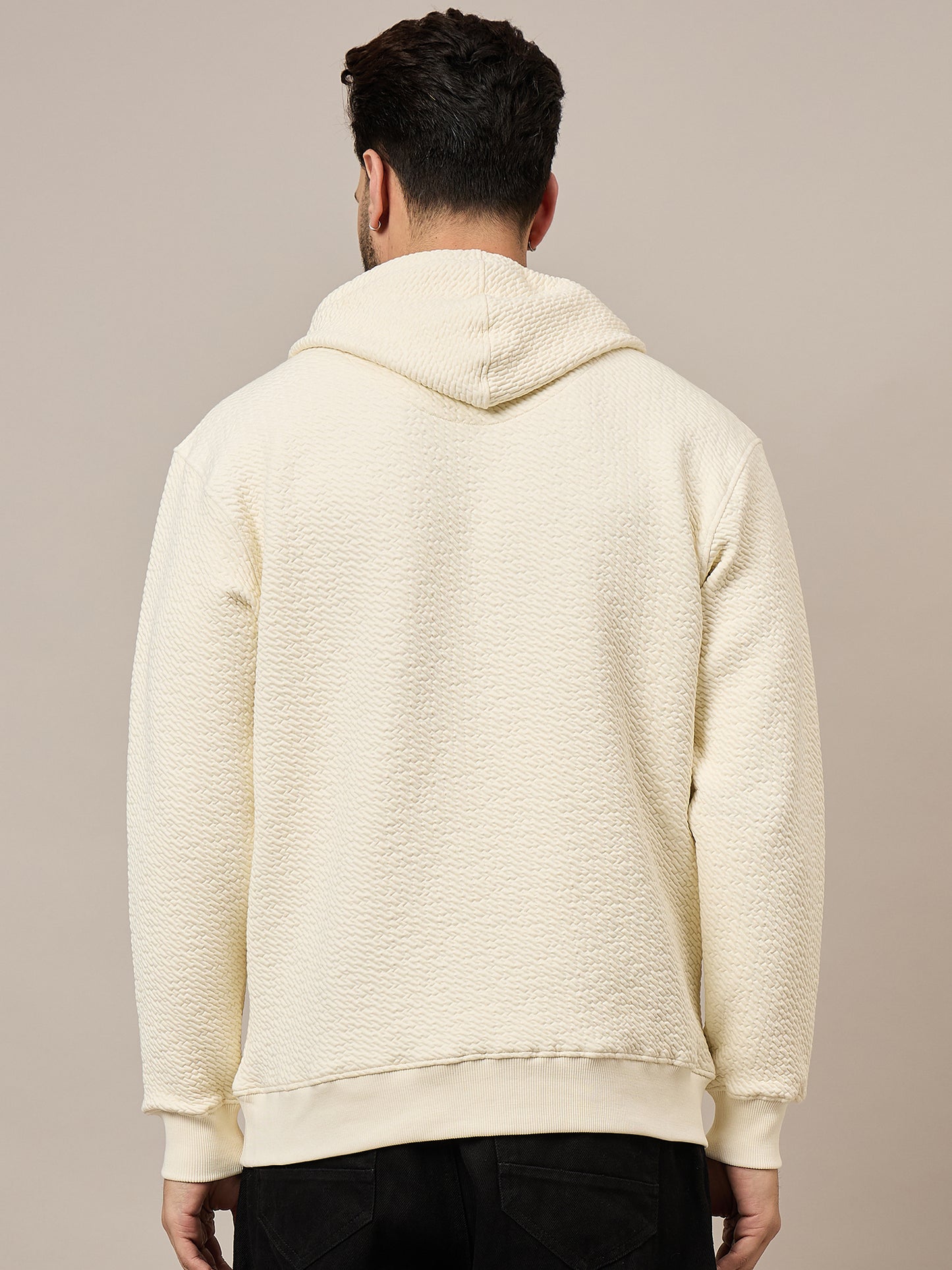 Men Textured Cream Hoodie