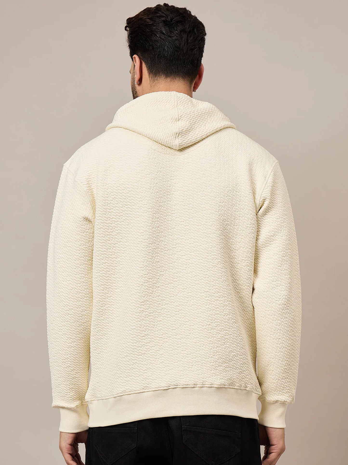 Men Textured Cream Hoodie