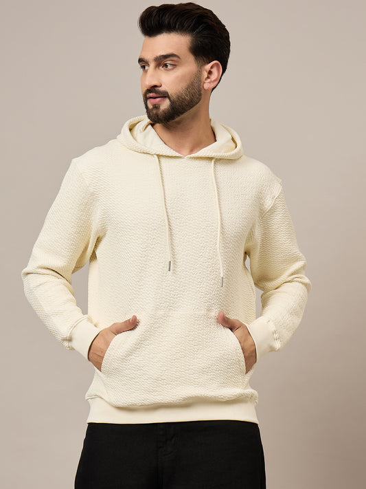Men Textured Cream Hoodie