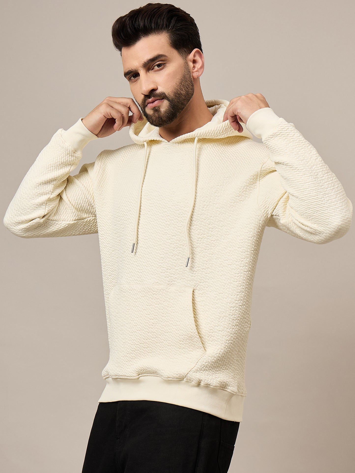 Men Textured Cream Hoodie