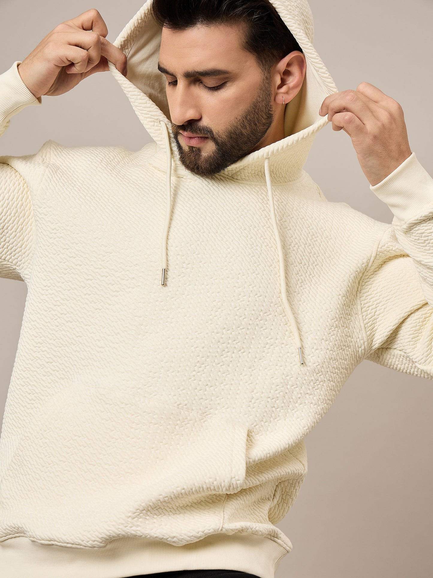 Men Textured Cream Hoodie