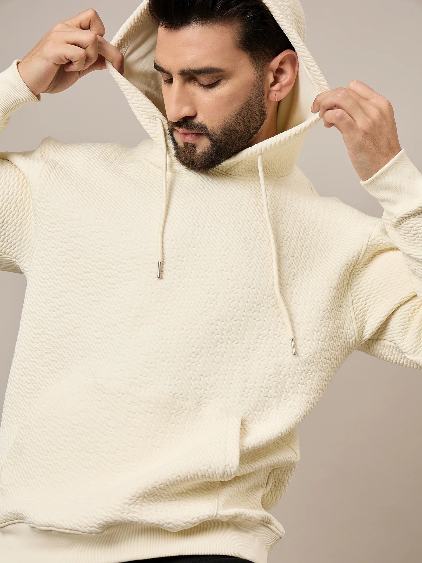 Men Textured Cream Hoodie