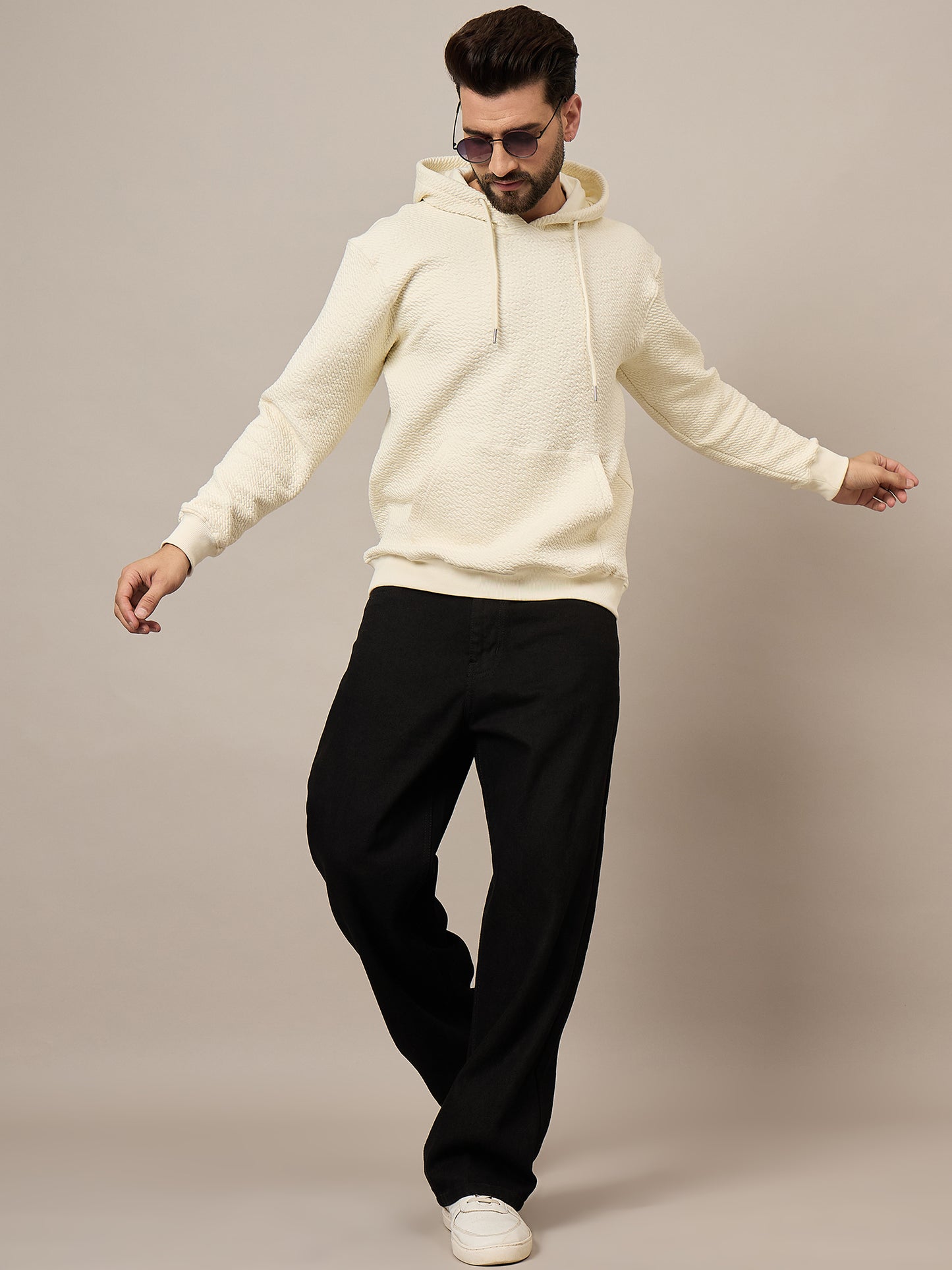 Men Textured Cream Hoodie