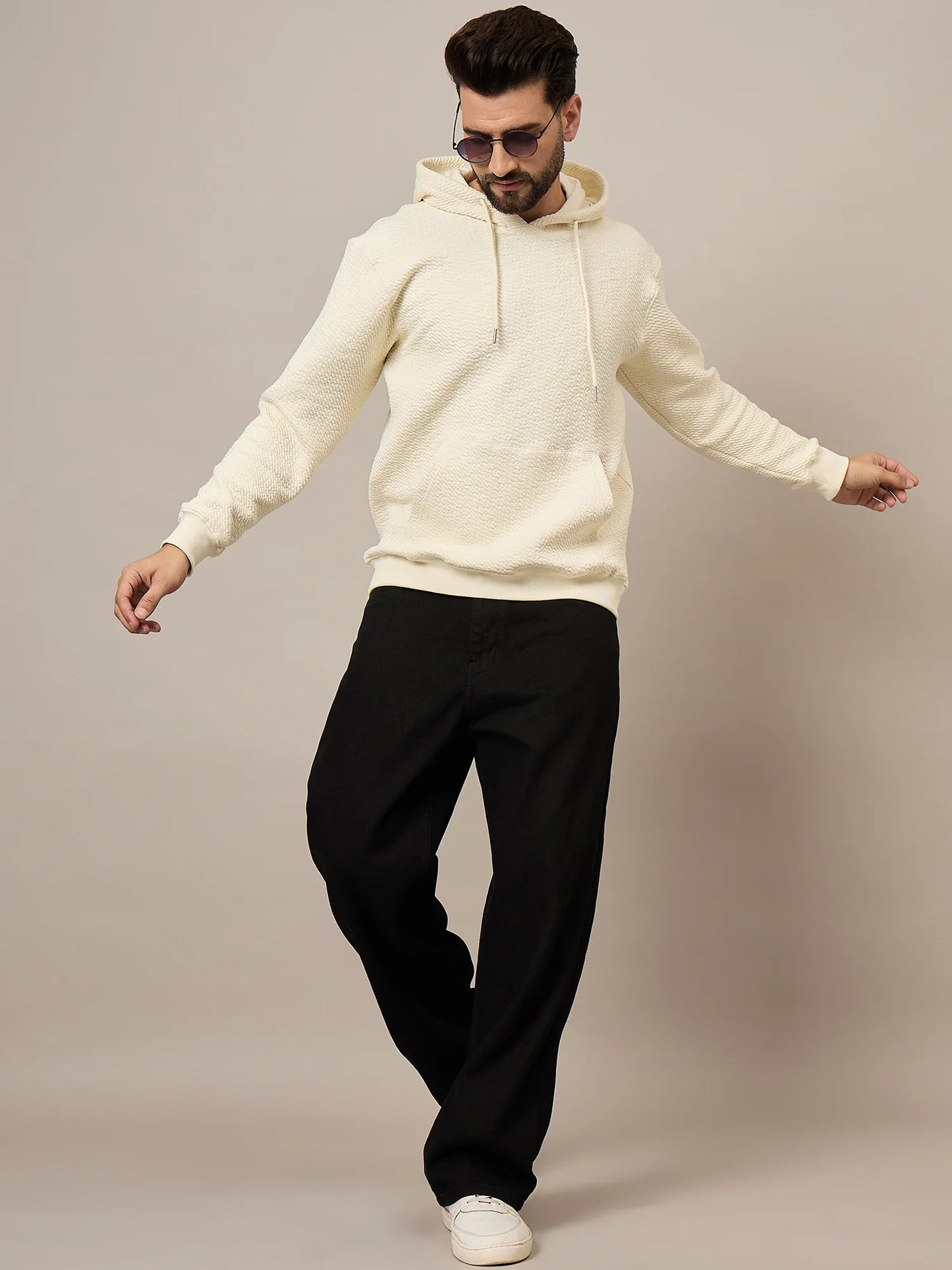 Men Textured Cream Hoodie