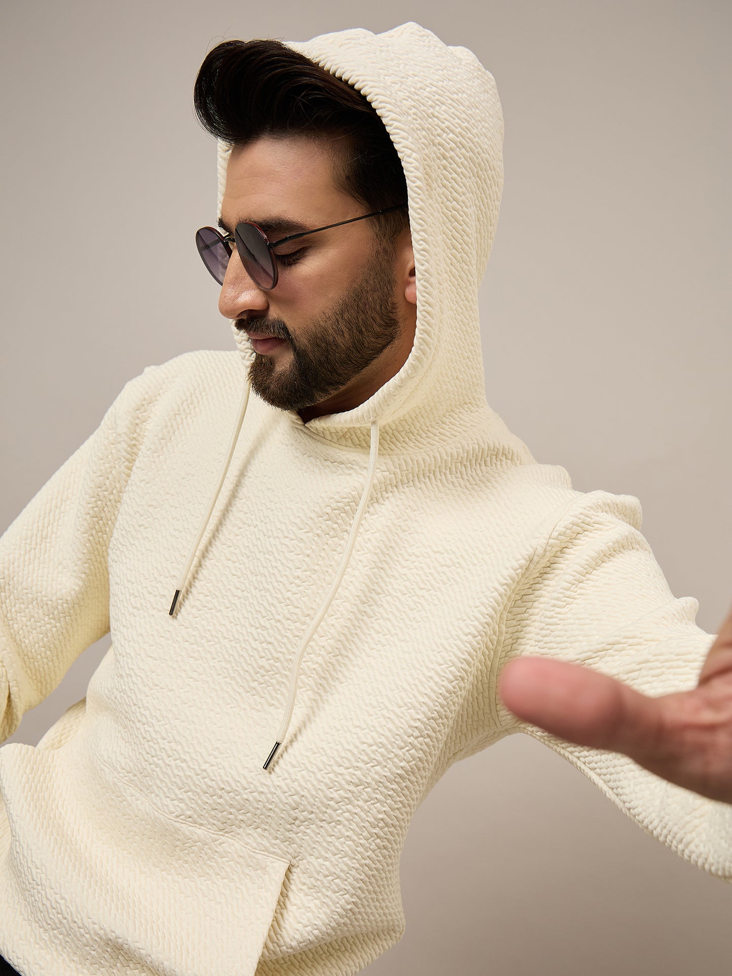 Men Textured Cream Hoodie