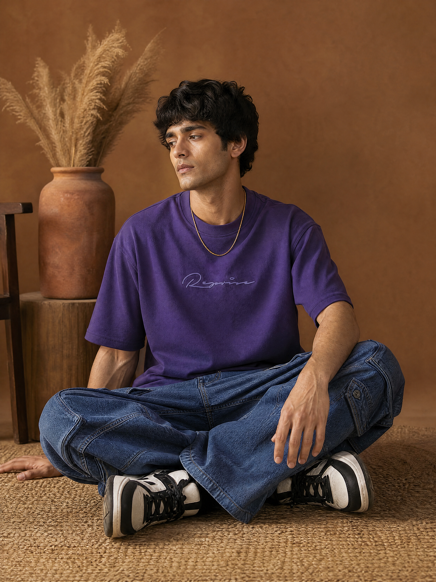 Men Oversize Printed Round Neck T-shirt Purple