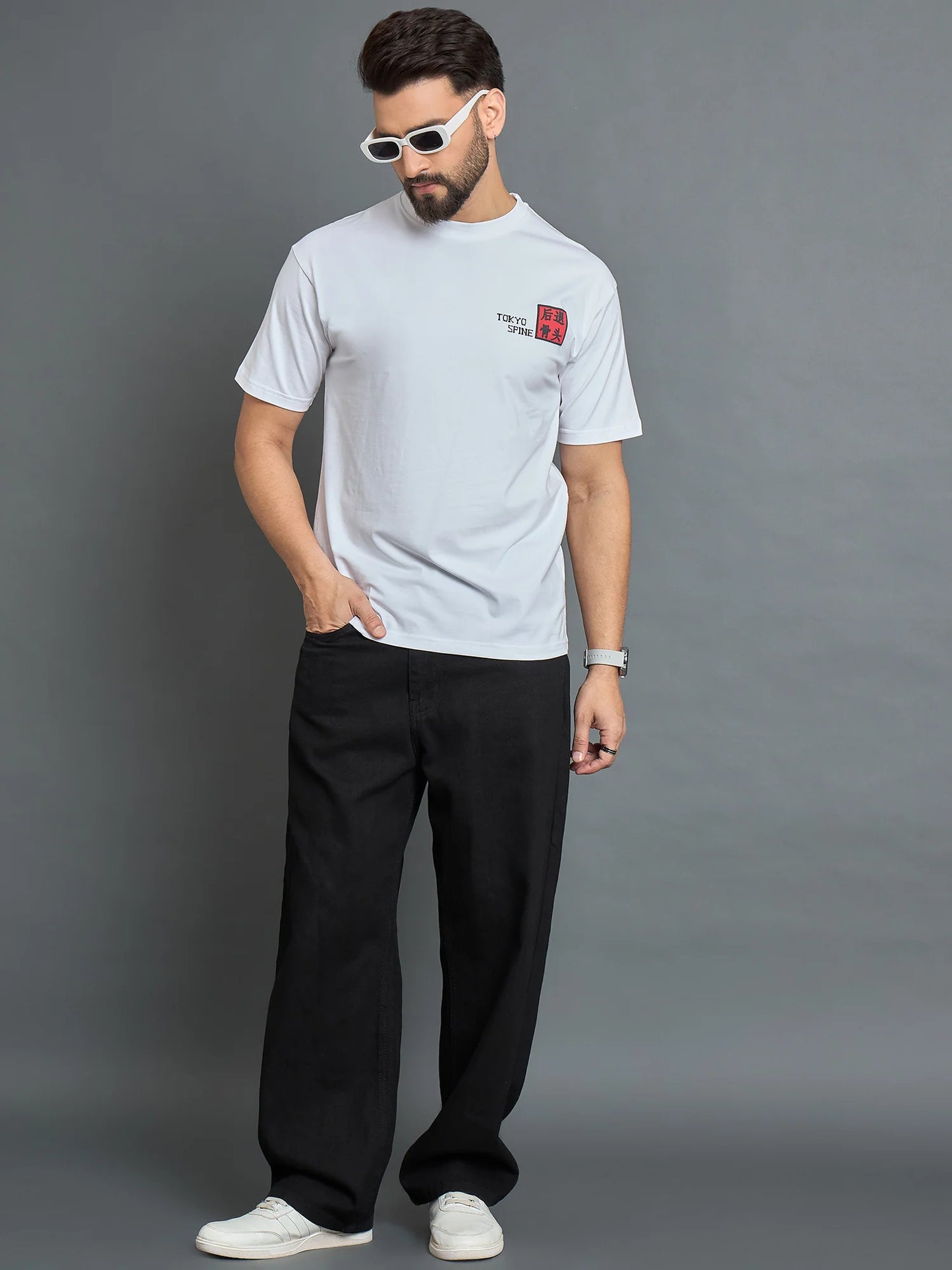 Men Drop Shoulder Printed Tee White