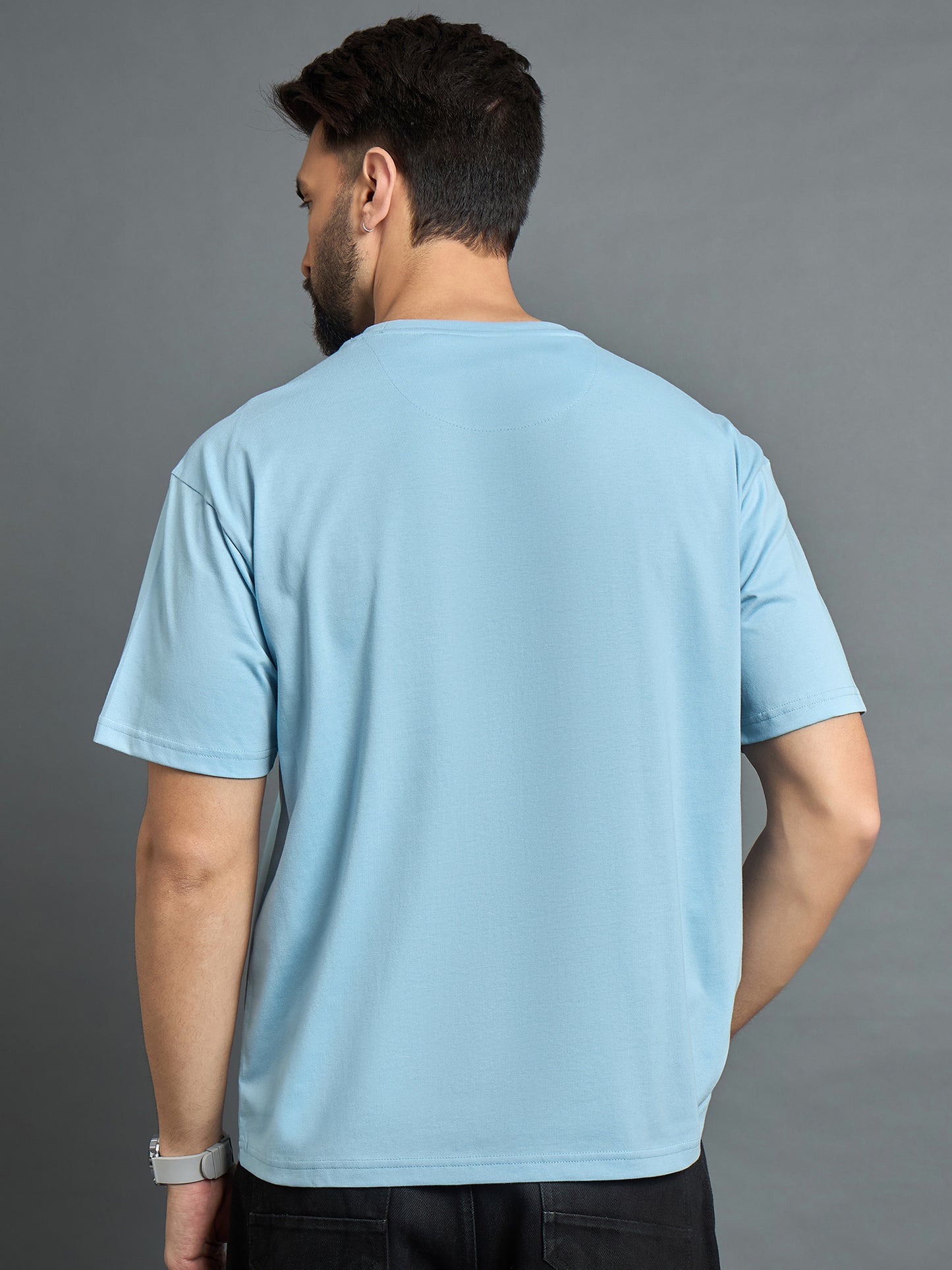 Sky Blue Printed Drop Shoulder Textured Tee