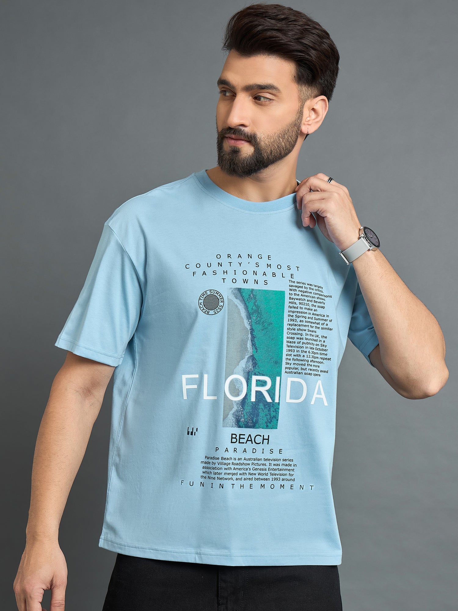 Sky Blue Printed Drop Shoulder Textured Tee