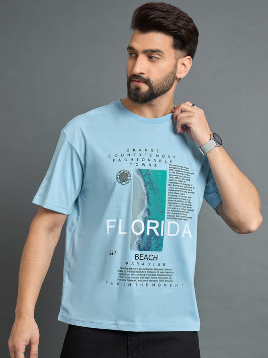 Sky Blue Printed Drop Shoulder Textured Tee