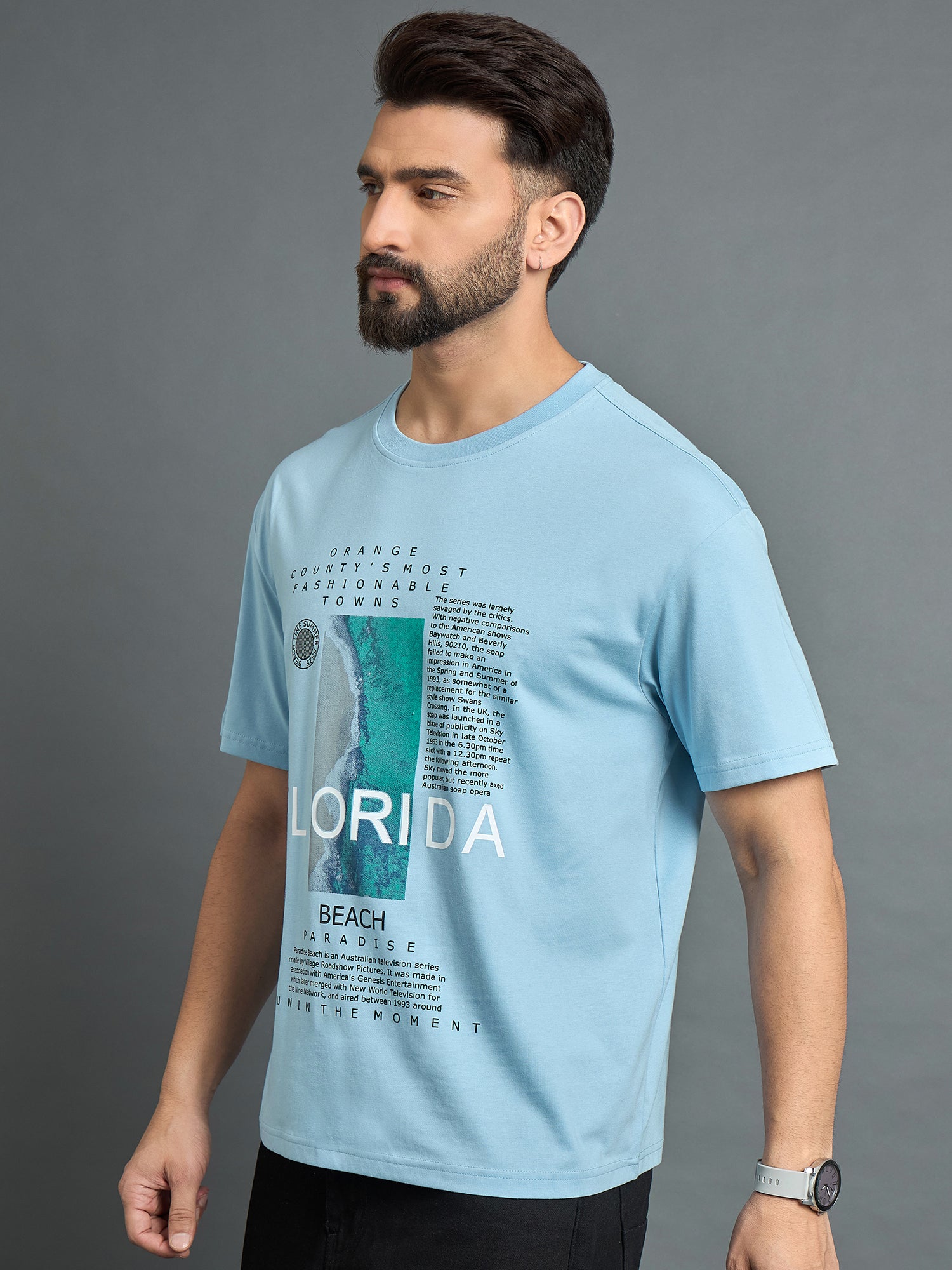 Sky Blue Printed Drop Shoulder Textured Tee