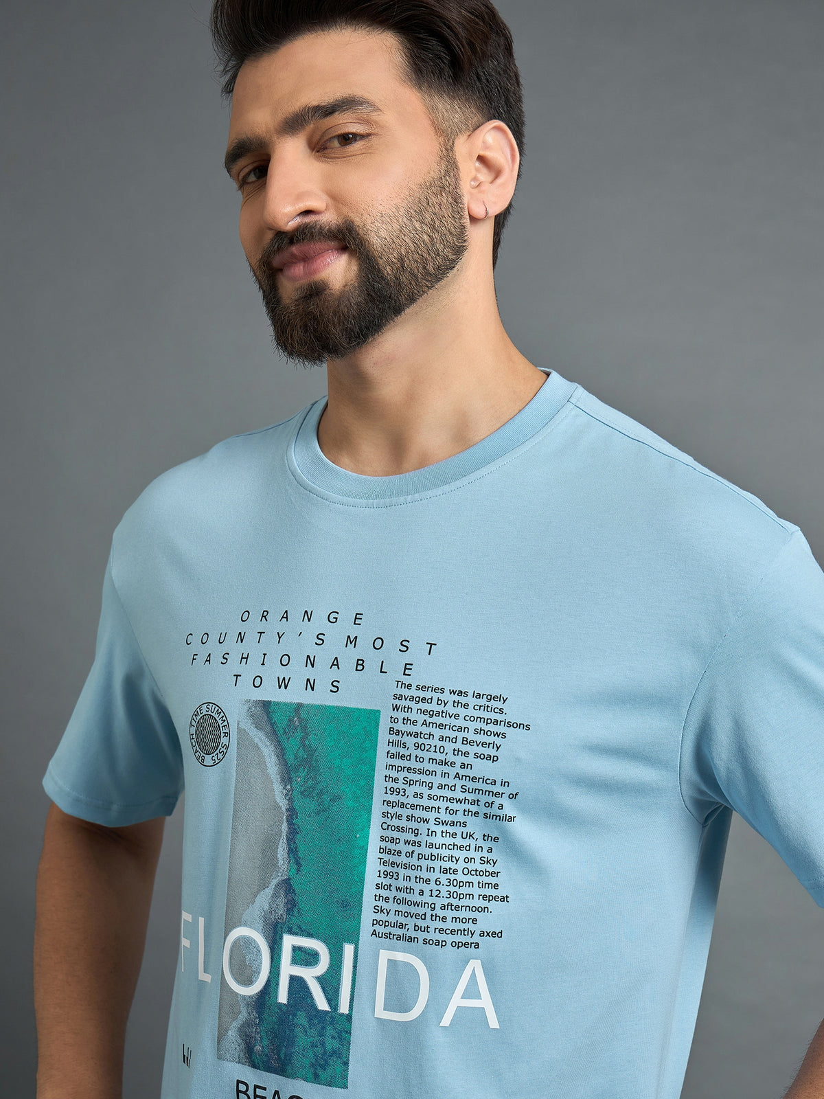 Sky Blue Printed Drop Shoulder Textured Tee