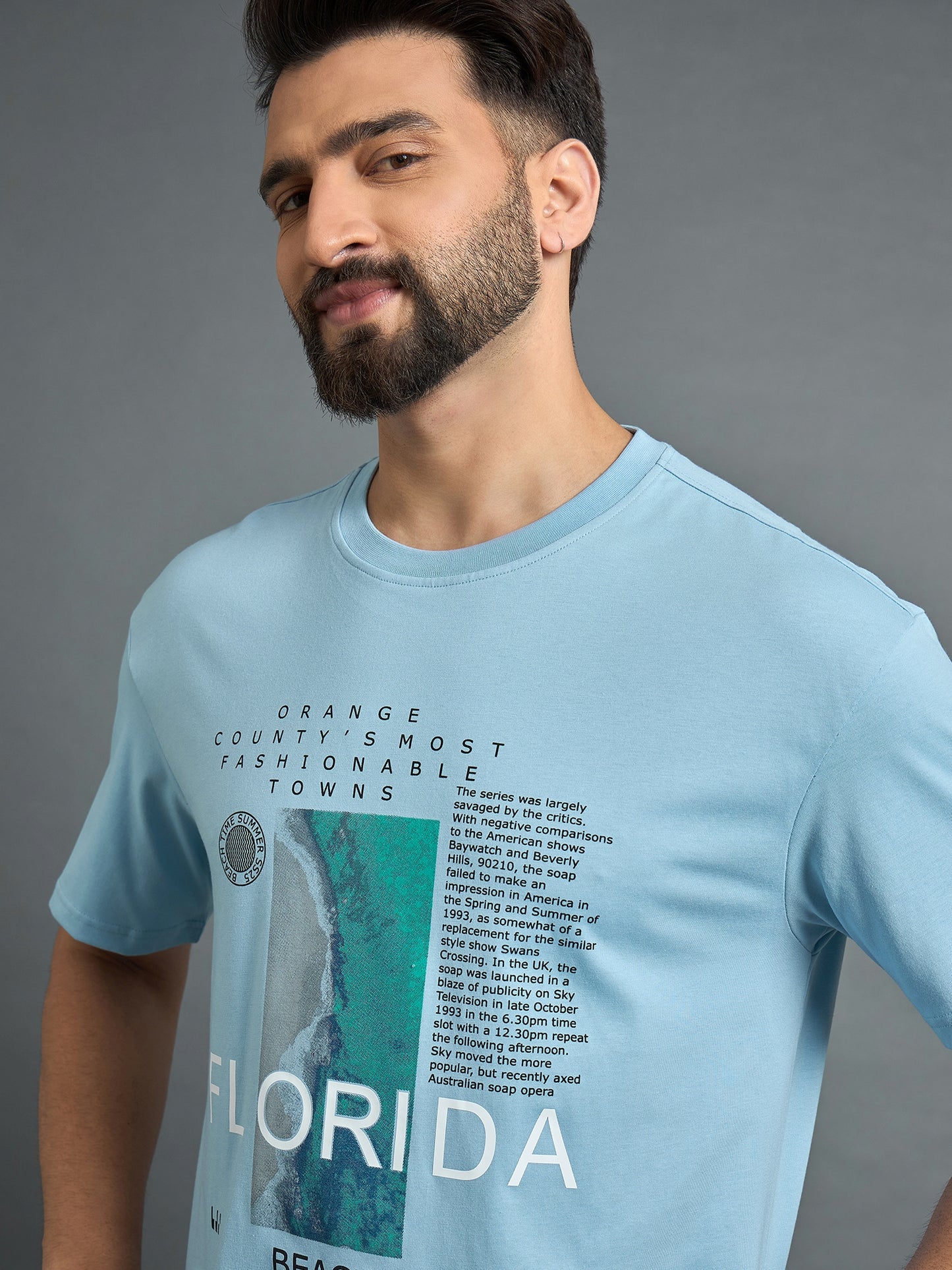 Sky Blue Printed Drop Shoulder Textured Tee