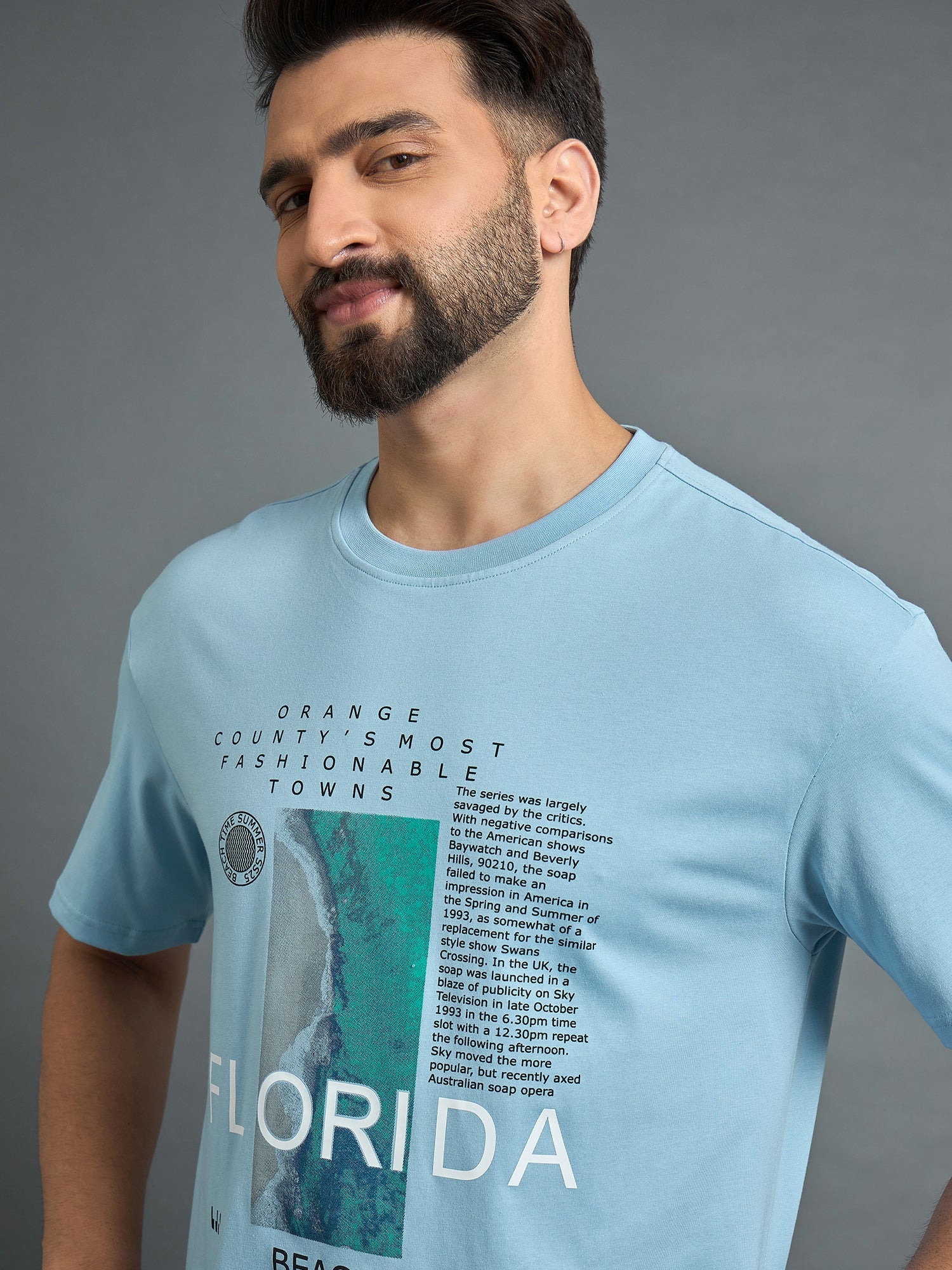 Sky Blue Printed Drop Shoulder Textured Tee