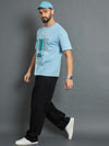 Sky Blue Printed Drop Shoulder Textured Tee