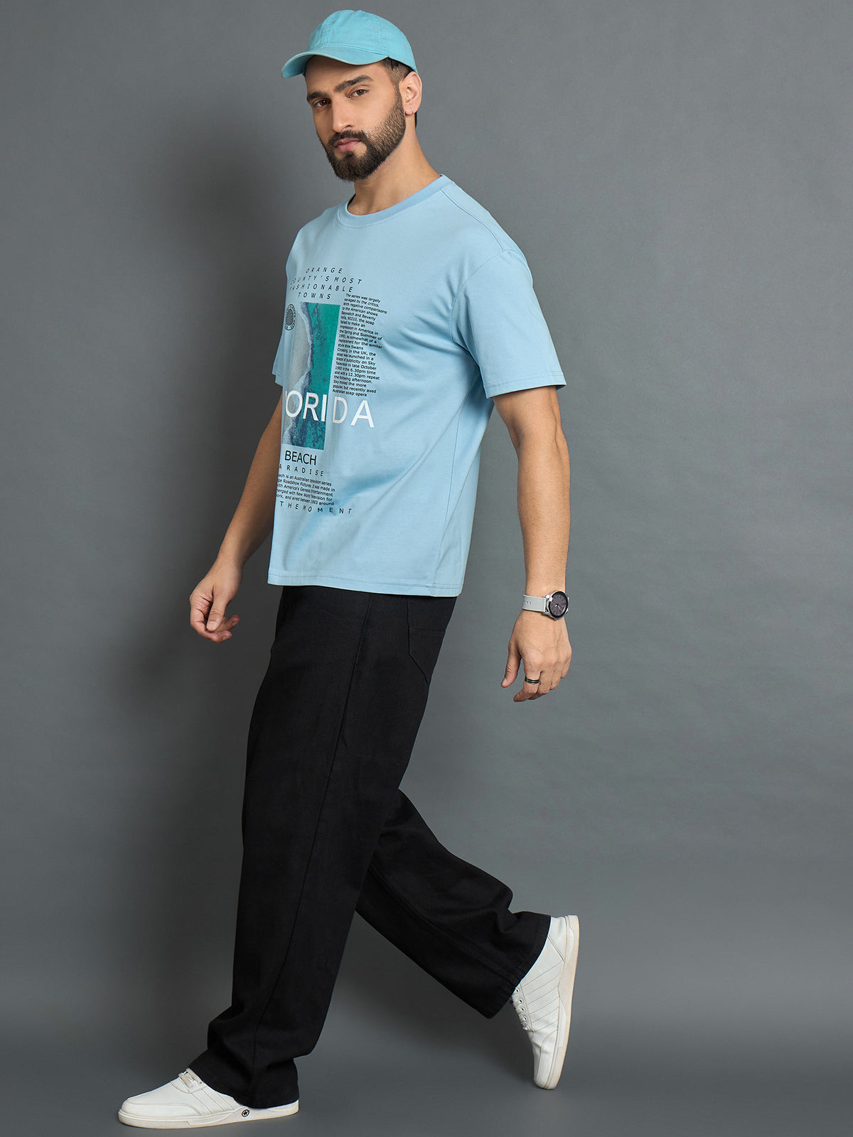 Sky Blue Printed Drop Shoulder Textured Tee