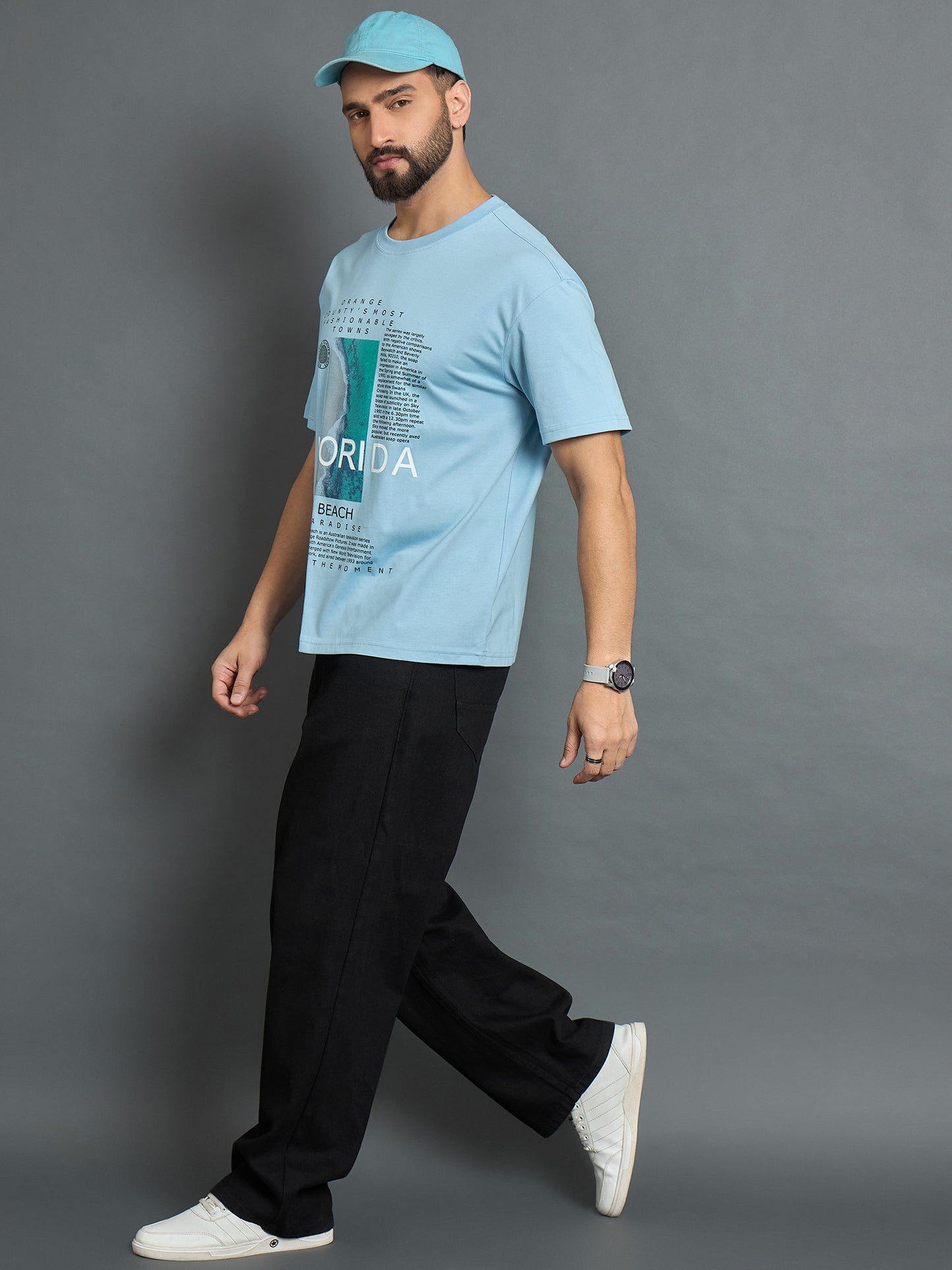 Sky Blue Printed Drop Shoulder Textured Tee