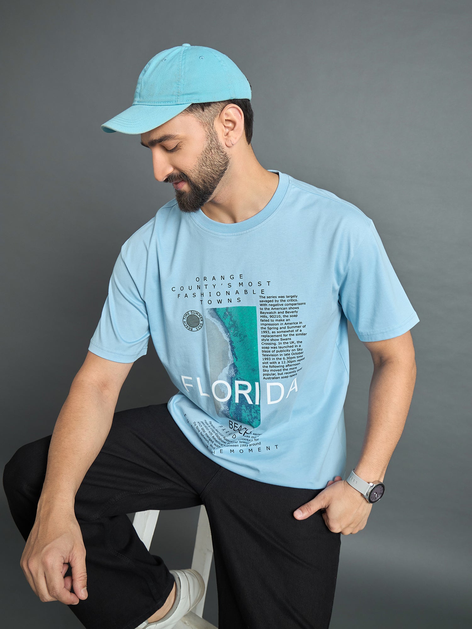 Sky Blue Printed Drop Shoulder Textured Tee
